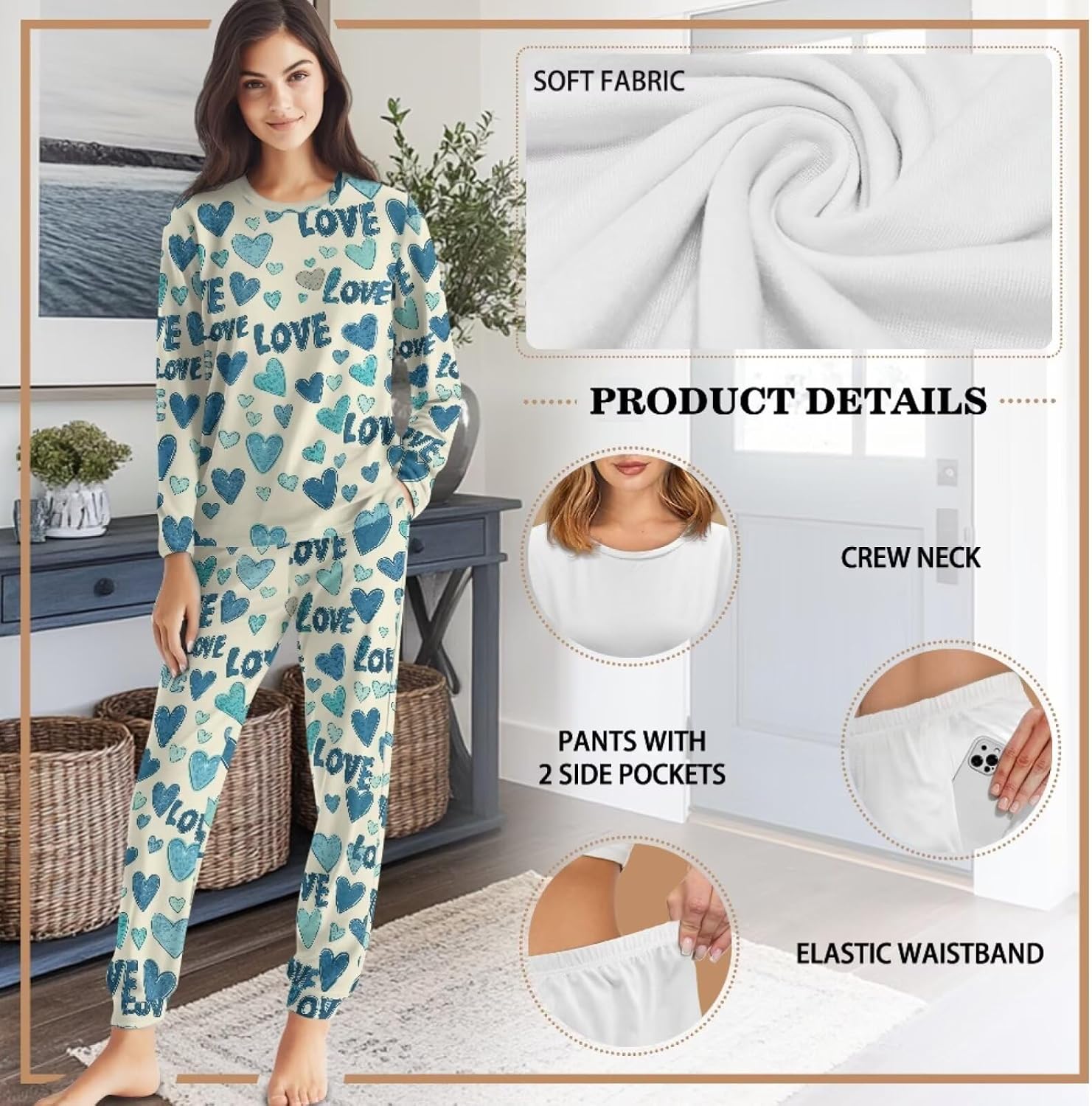 Pink Pig Pajamas for Women Cartoon Pigs Long Sleeve Sleepwear Set Crew Neck Pullovers and Long Pants