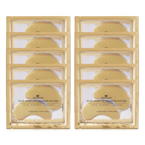 REVITALE 24k Gold Under Eye Collagen Patches, Reduce Puffy Eyes & Dark Circles, Illuminate Tired Eye Masks - Firms, Brightens, Energises (Packets - 10 Pair)