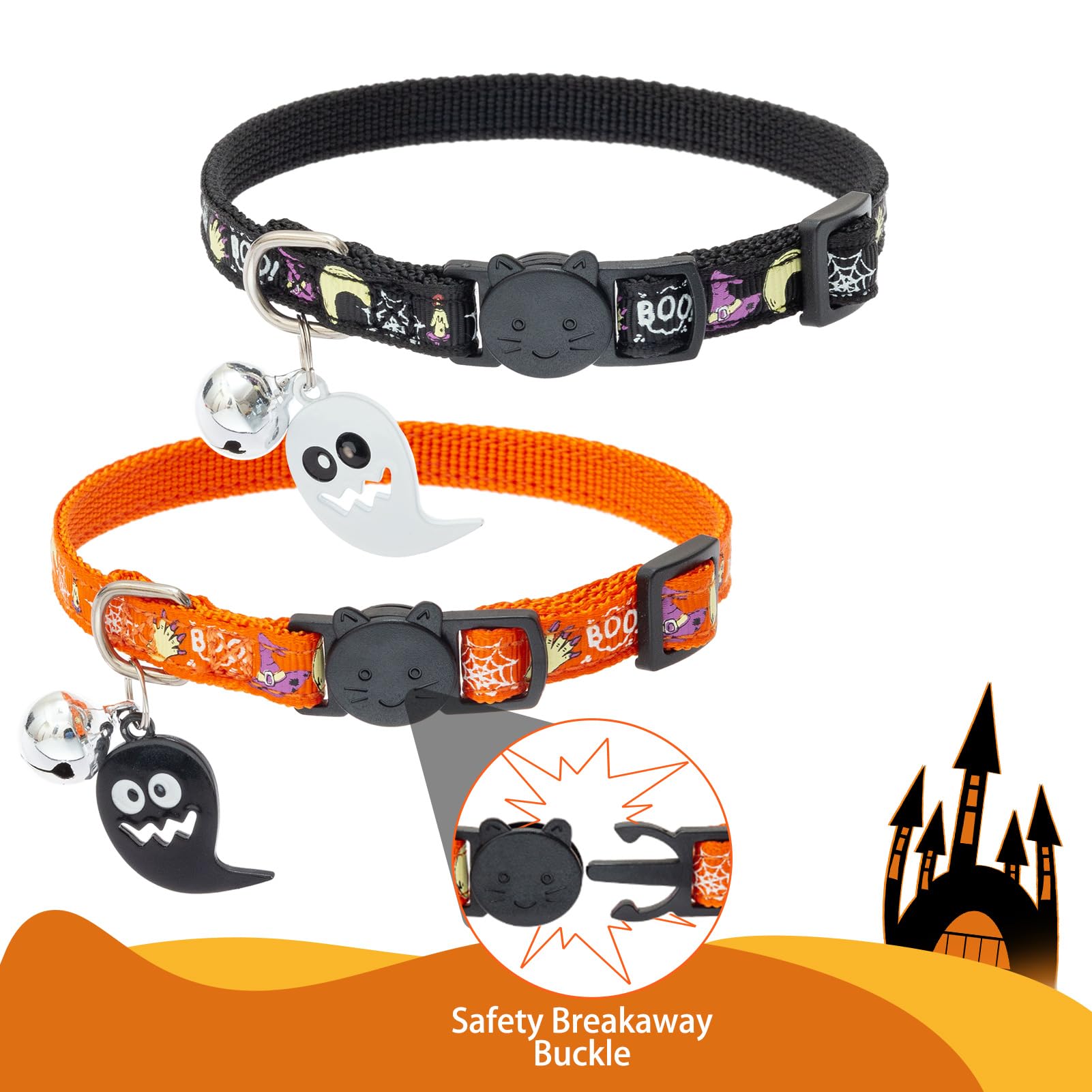 EXPAWLORER Katzenhalsband-Set im Halloween-Stil, leuchtend, verstellbar, mit süßem Geister-Zubehör, langlebiges Halsband mit sicherer Schnalle für Katzen, Kätzchen und kleine Welpen, 2 Stück