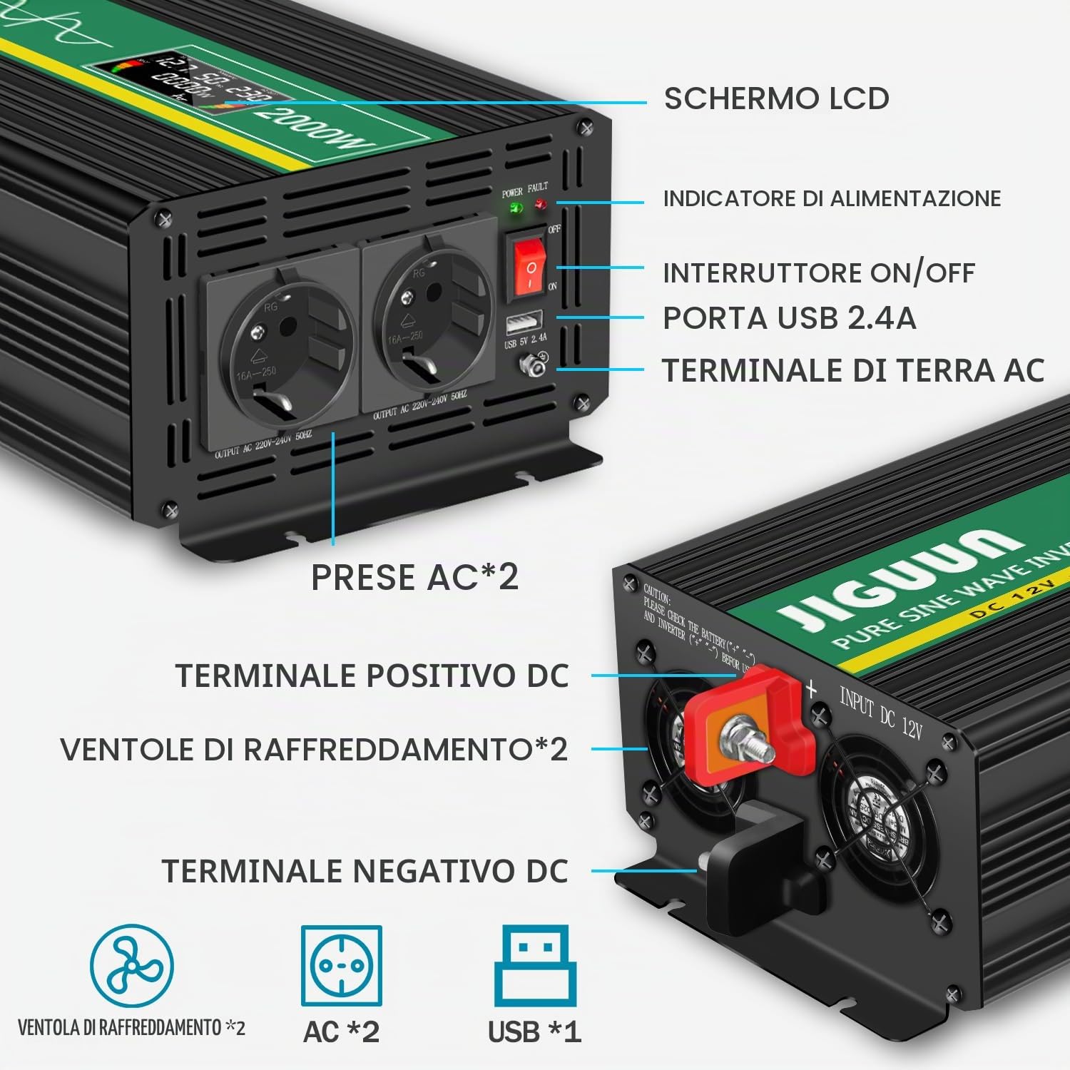 JIGUUN 2000W inverter 12v 220v onda pura Trasformatore con 2 prese EU e una porta USB 2.4A Telecomando senza fili e display LCD Potenza di picco 4000W per camion camper emergenza