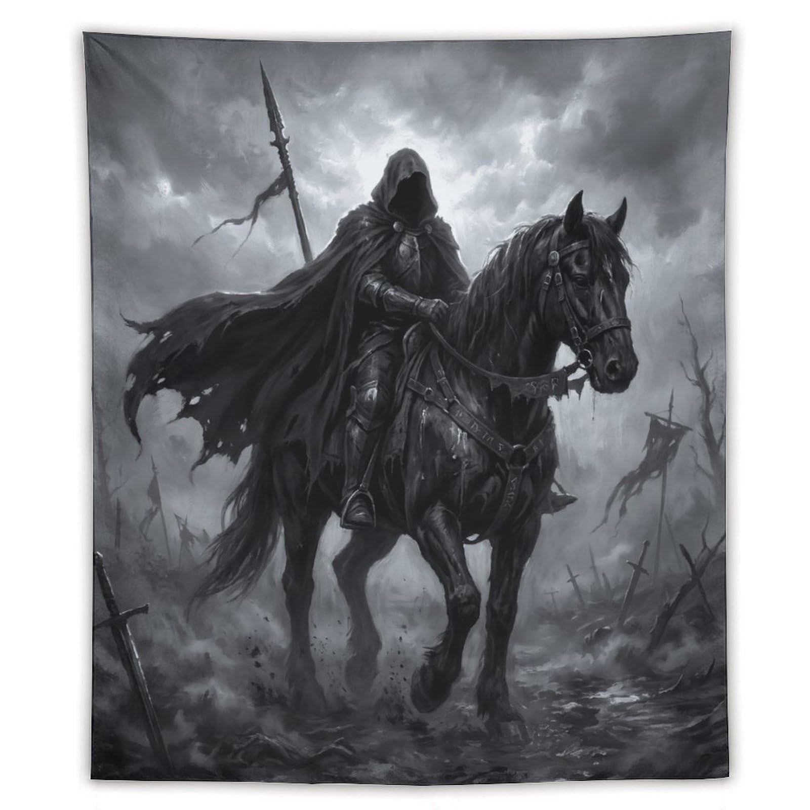 W7C8U2X3 Shadow Horseman Wall Tapestry, Medieval Illustration, Bed