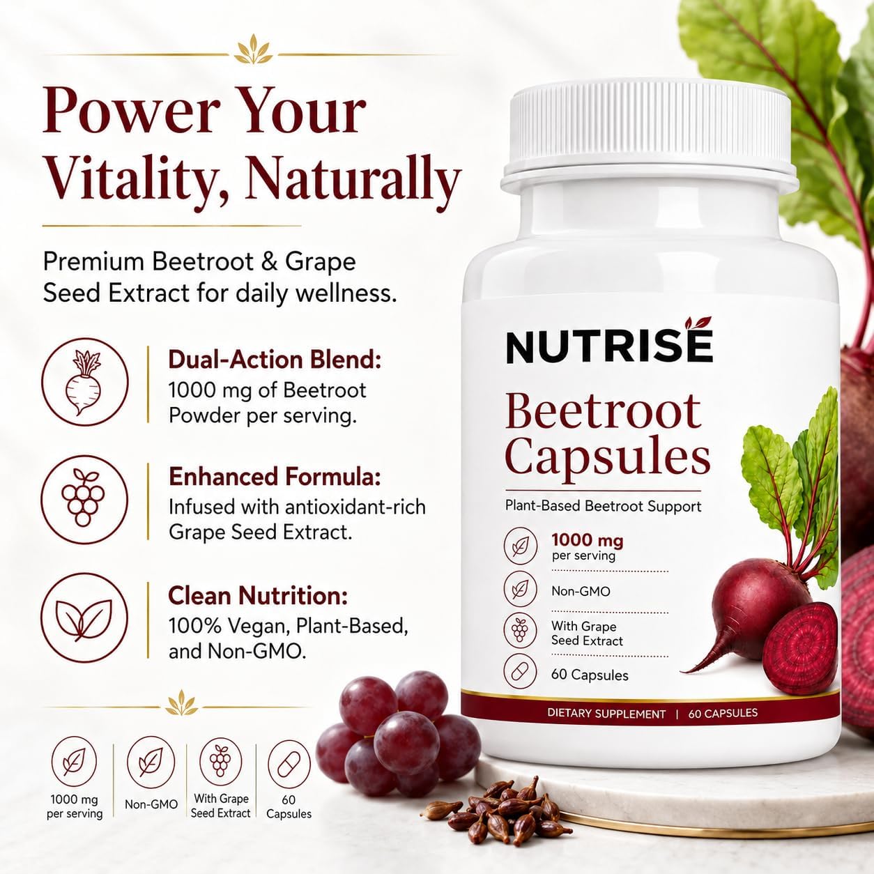 vitalleap Everhuman Beetroot, Nutrise Beetroot Capsules with Grape Seed Extract, Beet Root Supplement for Adults, 60 Capsules — Amazon image 2