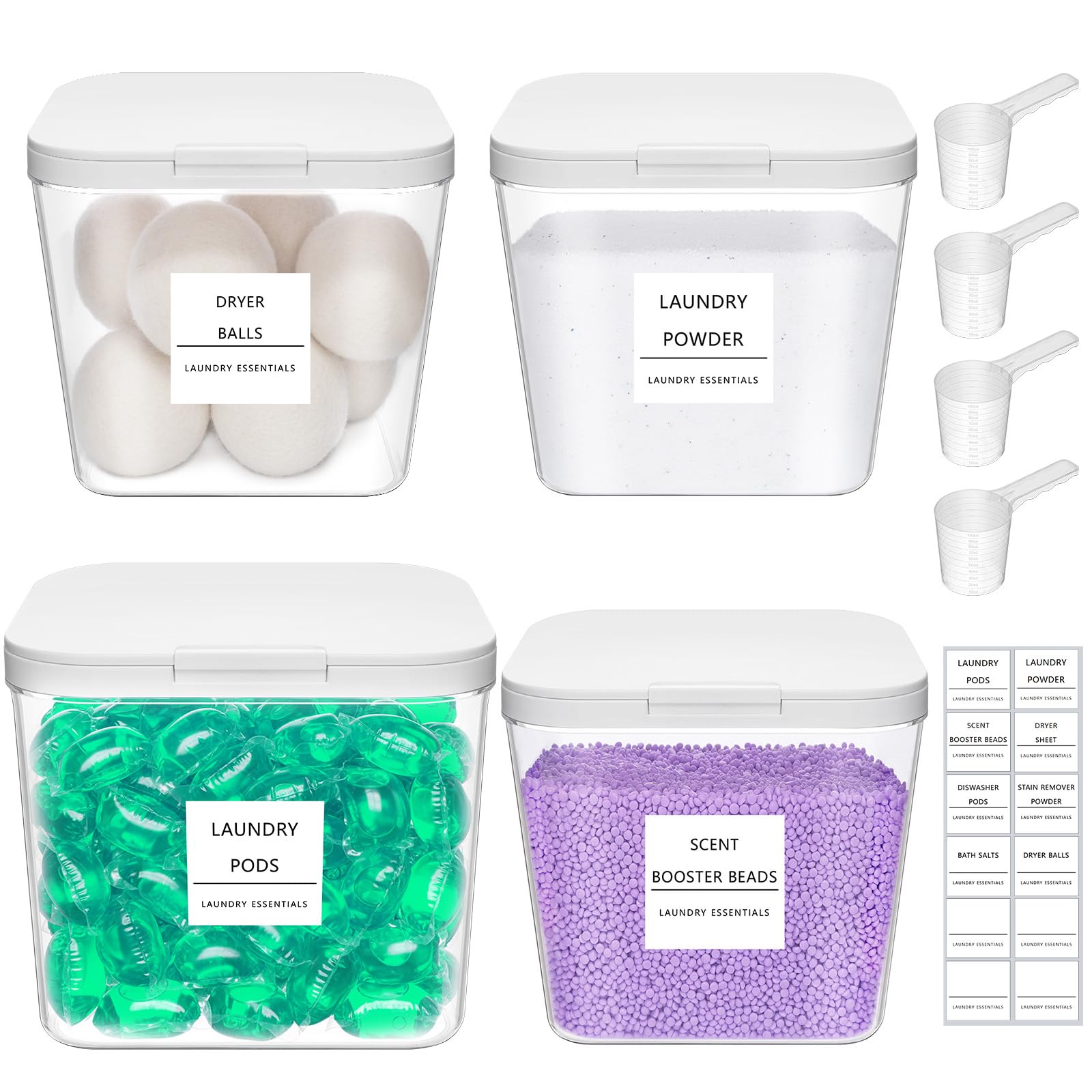 Lifewit Rangement Lessive Liquide en Capsules avec étiquettes et Cuillères, Récipient pour Poudre à Lessive avec Couvercle à Pression, Boîtes et Flacons de Salle de Bain, 2700 ml ×3+4500 ml, 4 Pièces
