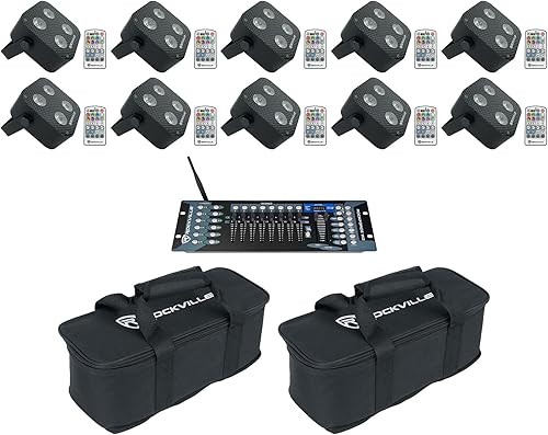 (10) Rockville Mini RF4 Negro RGBWA+UV DJParty LED Par de luz de lavado + 4 Ch. RF Paquete remoto con controlador de iluminación ROCKFORCE W2 DMX y