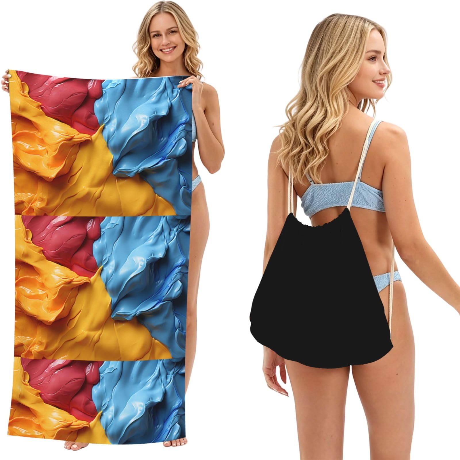 SKGOHLH Three color oil painting 2in1 Packable Beach Towel Bag Women