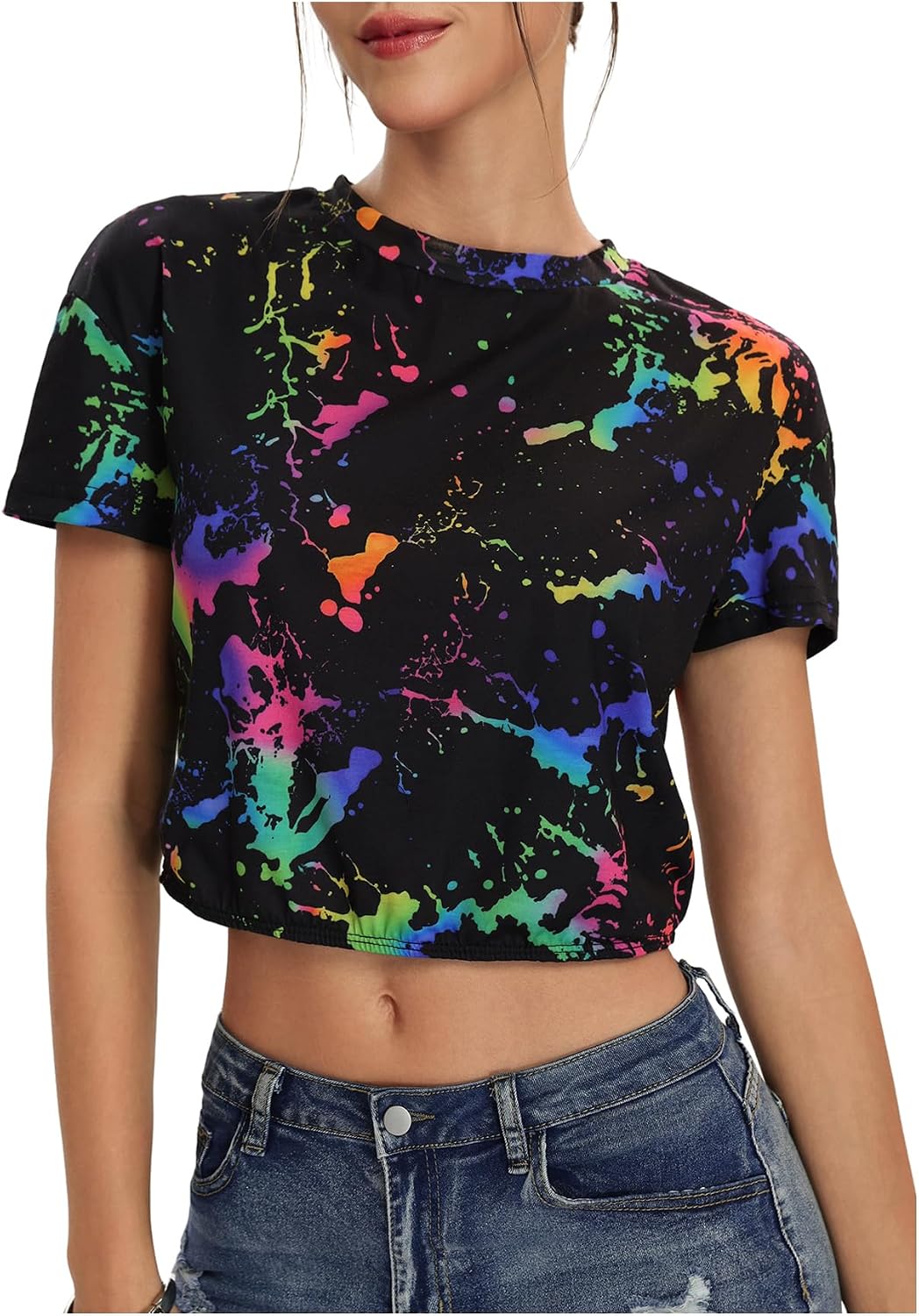 Floerns Women's Casual Reflective Short Sleeve Round Neck Crop Tops T Shirts