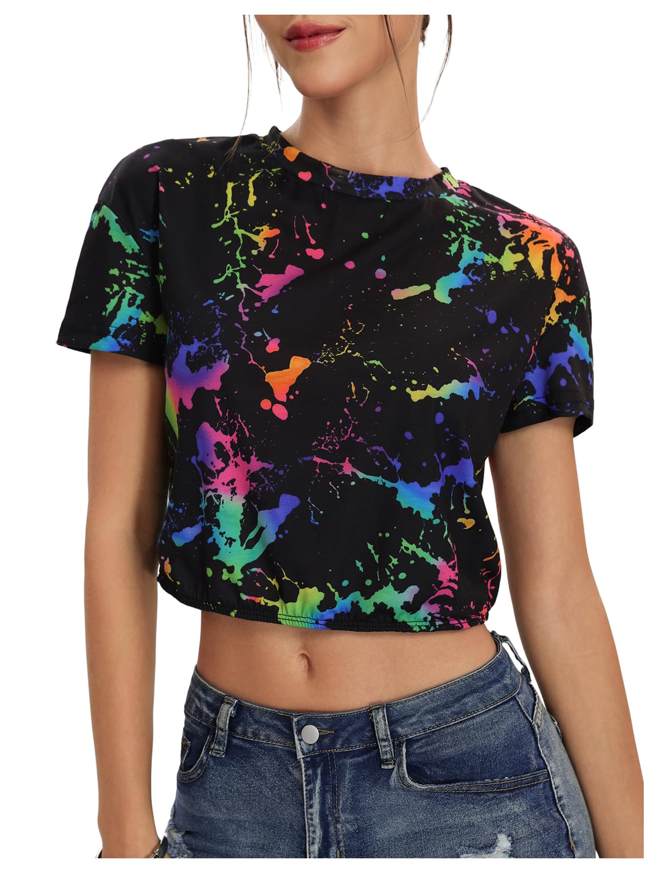 Floerns Camiseta corta de manga corta reflectante para mujer, cuello redondo, estilo casual