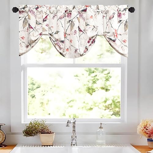 Miniatura 3 de VOGOL Juego de cortinas con cenefa y niveles, diseño de pájaros y flores naturales, elegantes cortinas de ventana para decoración de sala de estar y