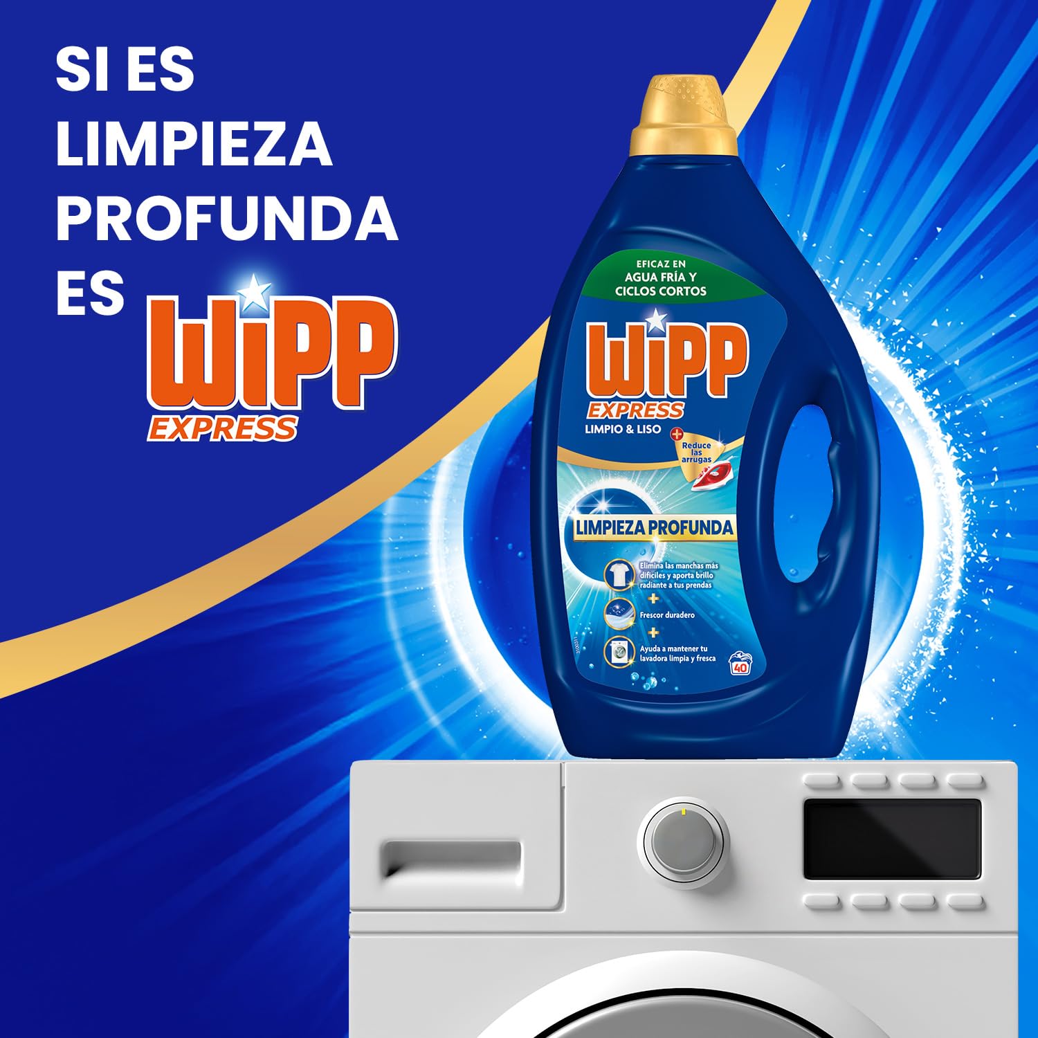 Wipp Express Limpieza Profunda Gel Limpio & Liso (4 x 1260 ml), detergente lavadora líquido que reduce las arrugas, detergente con fórmula quitamanchas ropa apto para agua fría