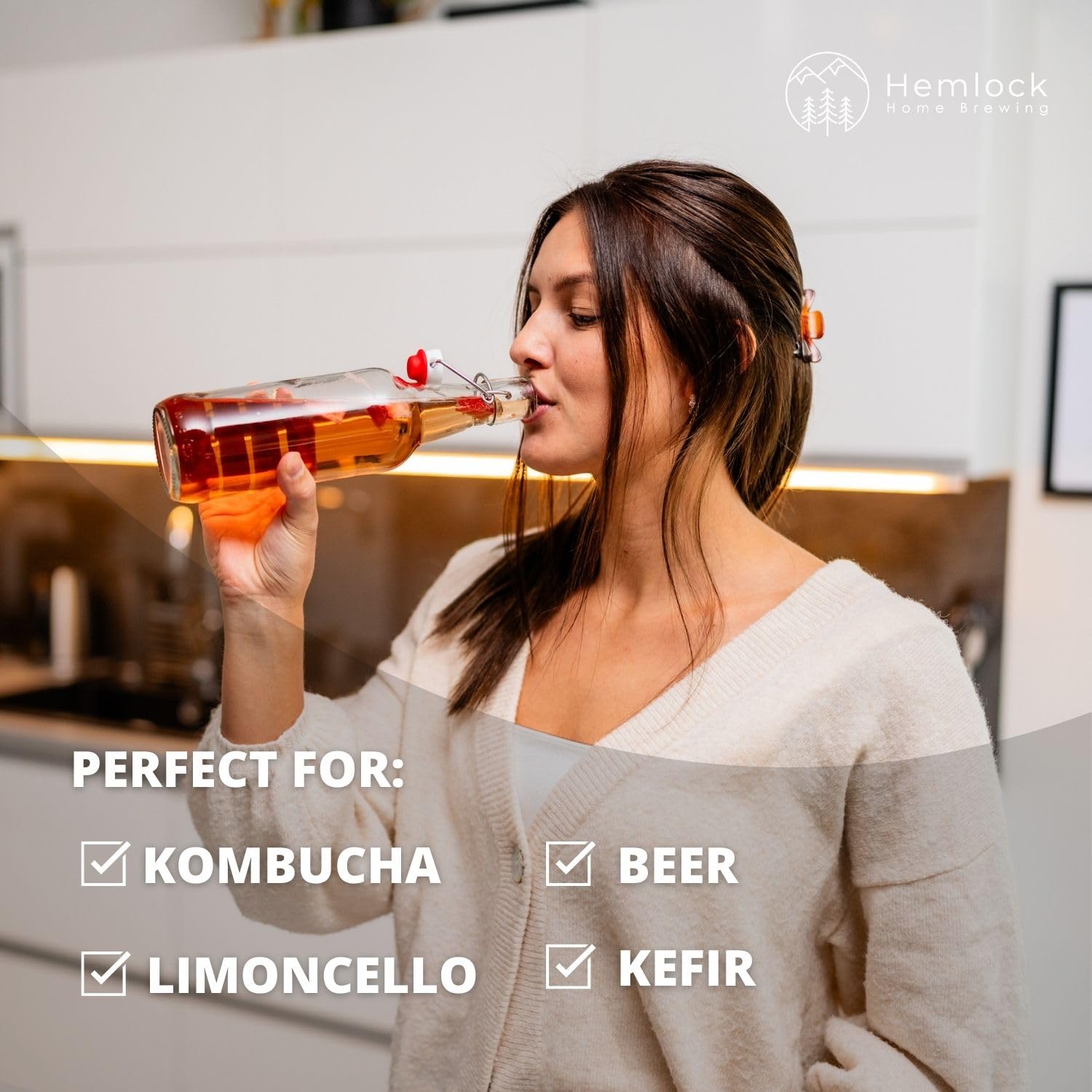 Kombucha Bottles, Swing Top Glass Brewing Bottles Bottles for Kombucha, Beer, Kiefer, Limoncillo, Vanilla - 16 oz. - Grolsch Style Bottle (6 Set) with Funnel