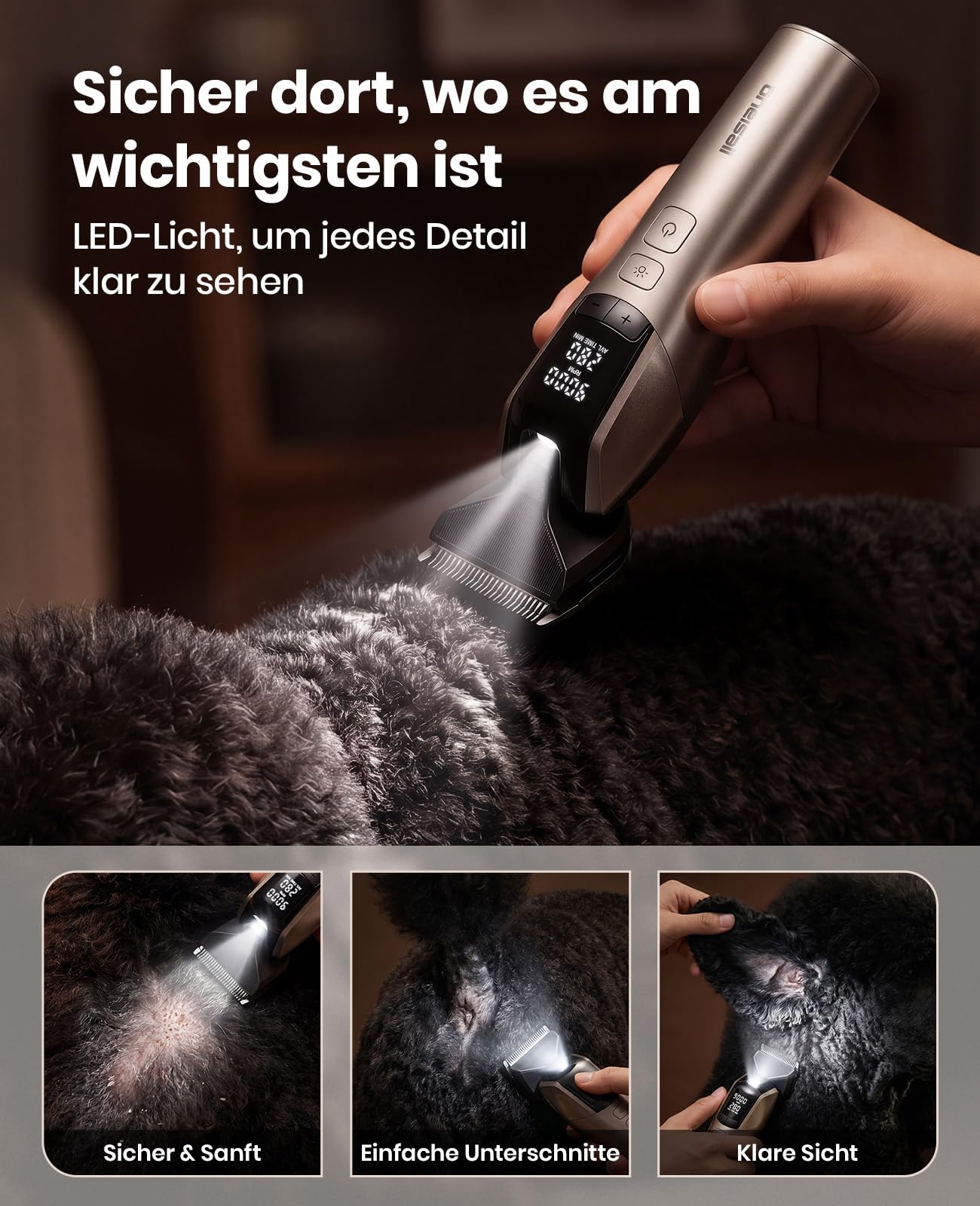 oneisall Profi Schermaschine Hund Langhaar | 9000 RPM 5-Geschwindigkeit, 5-in-1 DLC-Klinge, 280 Min Laufzeit, <50 dB leises, 8 Metall-Führungskämmen und Tragetasche