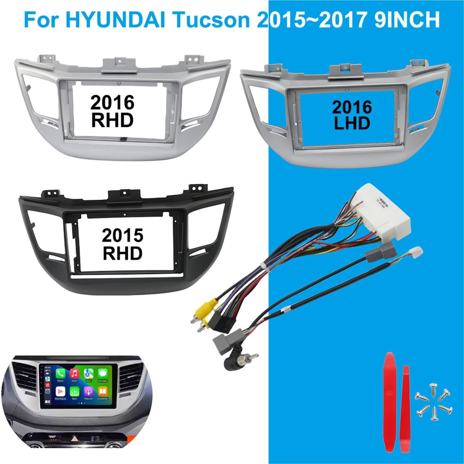 Telaio Adattatore Set di pannelli radio Adatto per HYUNDAI TUCSON 2015-2017 9 pollici autoradio stereo navigazione cavi cablaggio telaio