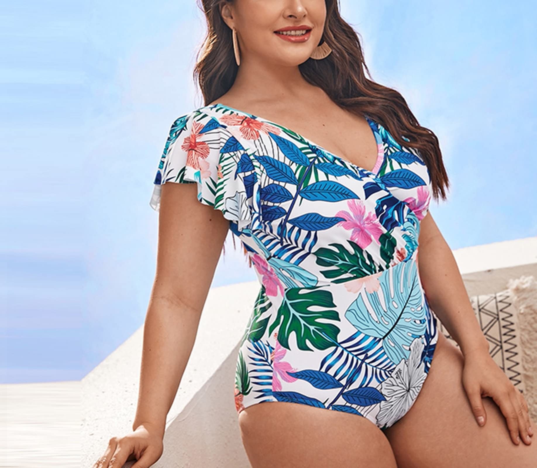 Traje de baño de 1 pieza, traje de baño para mujer, talla grande, con hojas tropicales y flores impresas, de poliéster suave