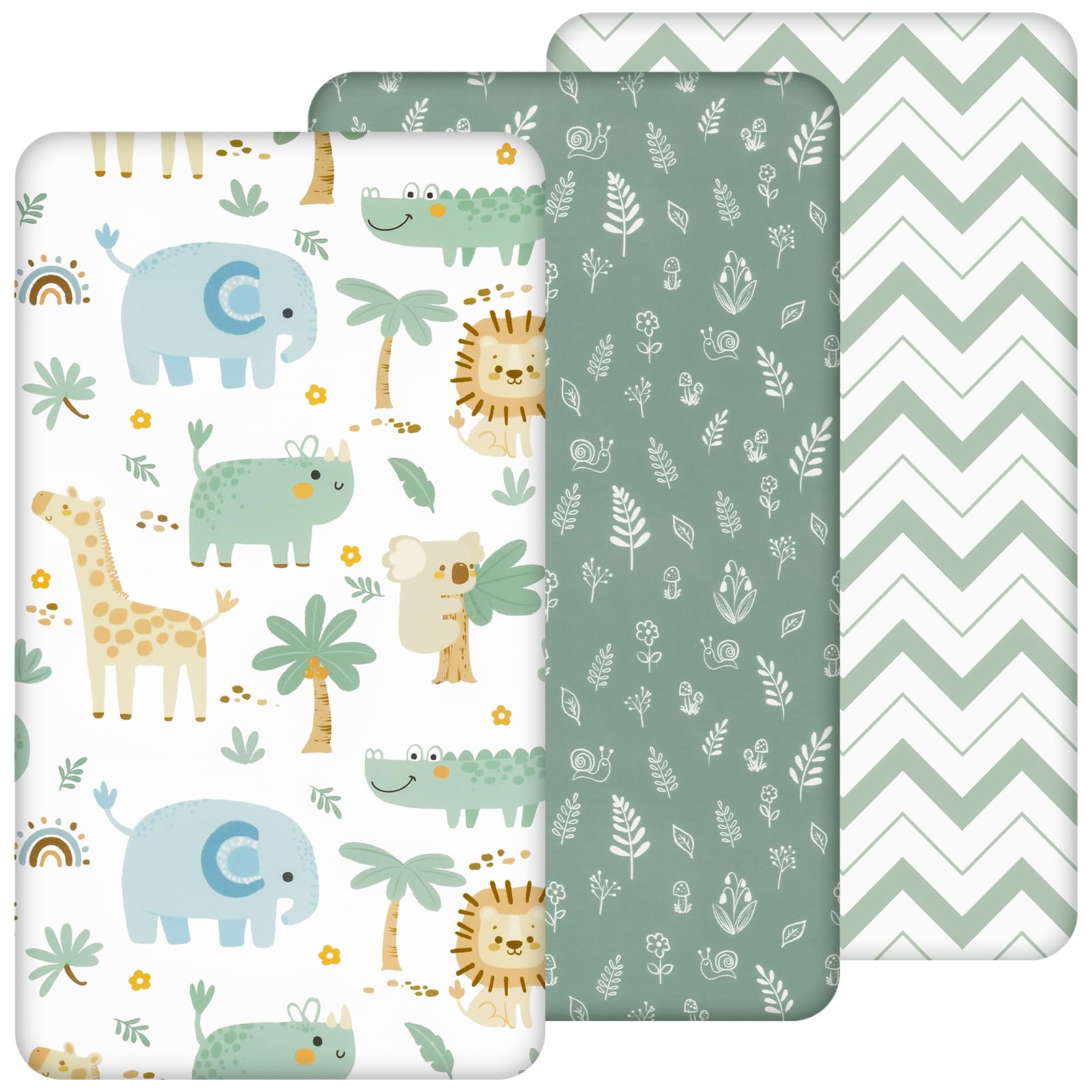 Yukkidds Next to Me Crib Sheets 83x50cm Fitted 3 Pack Baby Crib Sheets Ultra Soft&Breathable Microfiber Baby Cot Bedding Sheets Green Lion