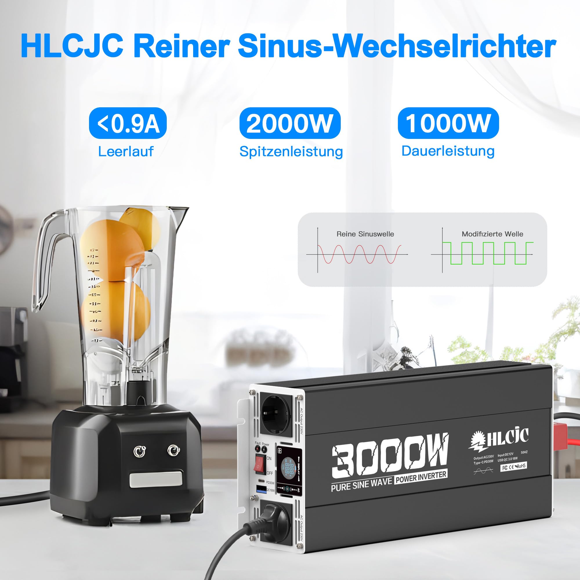 Spannungswandler 3000W/6000W Reiner Sinus- Wechselrichter 12V auf 230V, mit 2X EU Steckdose, mit 1x PD 30W USB-C, 1xQC 3.0 18W USB-A Schnellladung, LCD-Anzeige für Wohnmobil LKW KFZ