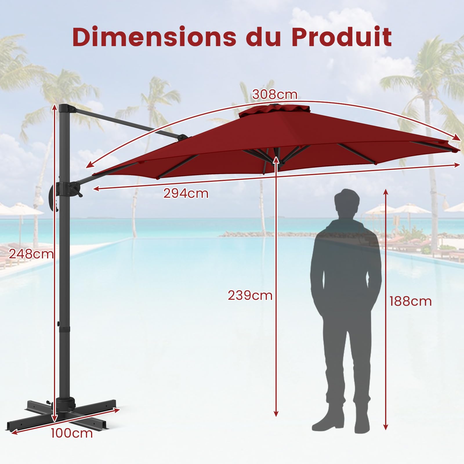 COSTWAY Parasol Déporté Professionnel 3M, Parasol de Jardin Exterieur avec Pied et Manivelle, Anti-UV, Pivotant à 360°, Inclinable, Poteau en Aluminium, pour Terrasse, Patio, Balcon (Bordeaux)