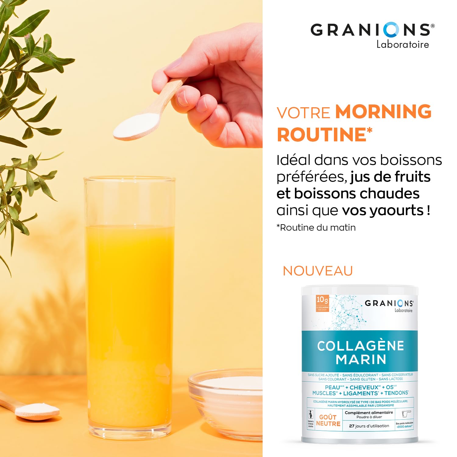 COLLAGENE MARIN Poudre - Saveur Neutre - GRANIONS Collagène N°1 en Pharmacies - 10 g Par Jour - Vitamine C et Collagene Articulations - Collagene Poudre - 27 jours