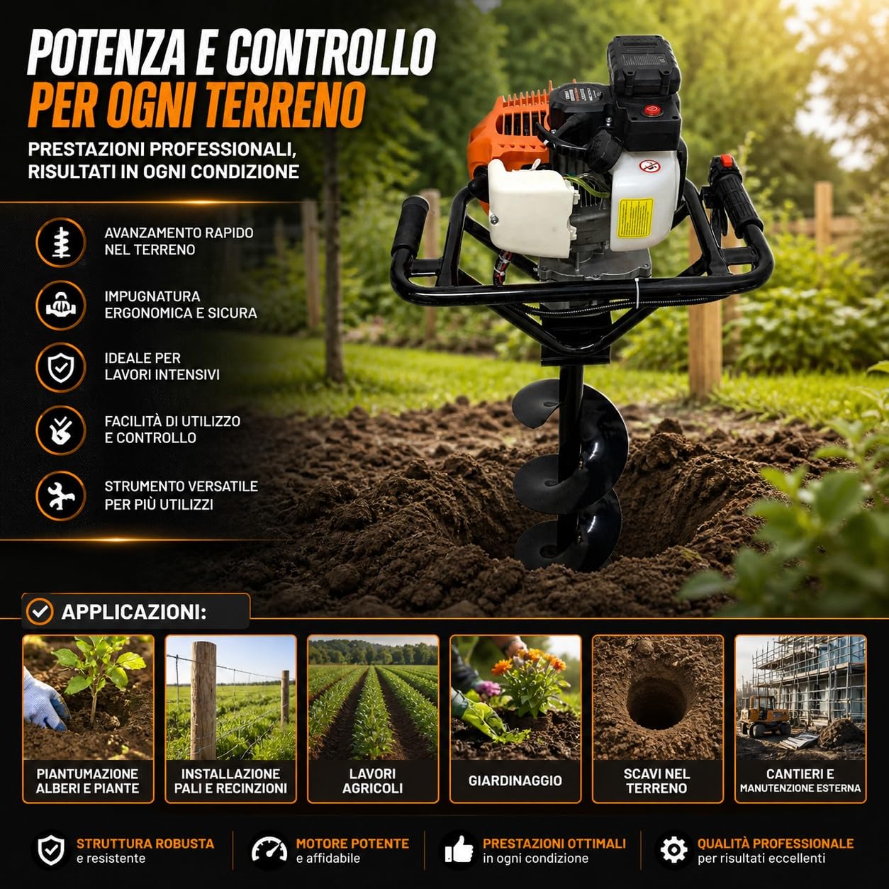 Mototrivella a Scoppio 52cc 1.45kW 7500RPM Avviamento Facile Elettrico + Manuale con 3 Punte intercambiabili da Ø 100, 150, 200 mm Trivella da Giardino e campi, Utilizzo Professionale e Fai da