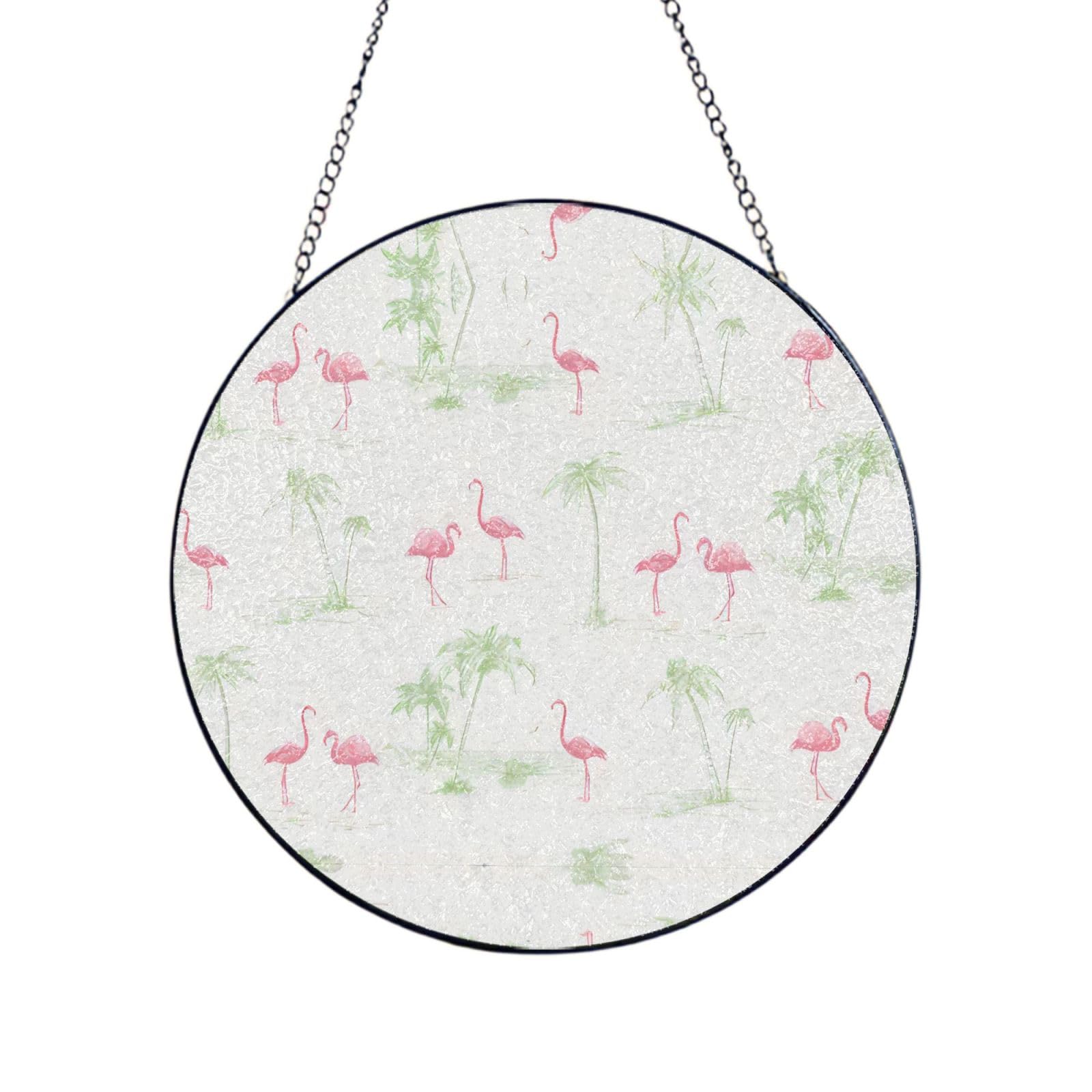 Phayah Pink Flamingos Print Glass Window Hanging Round Suncatcher Glass Ornament Garden Wall Fence Decorations Indoor Outdoor 10in（25cm）