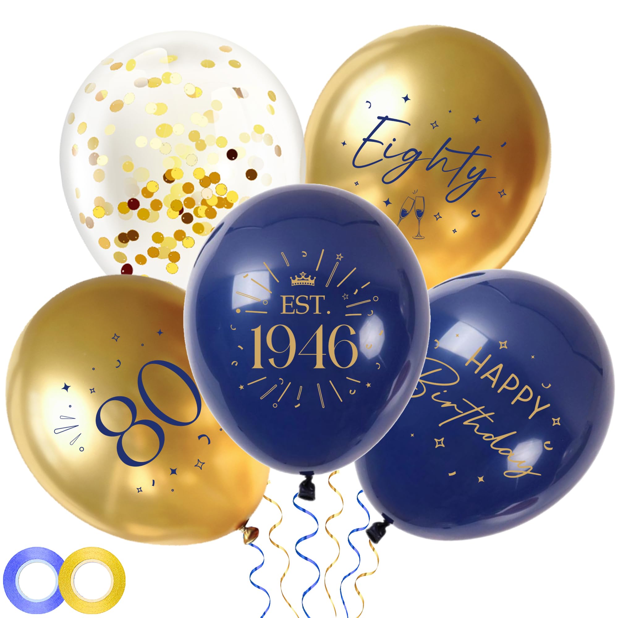 80th Birthday Decorations Party Balloons - 30pcs Blue Gold 80 Balloons for Men, Eighty Latex Balloon with Ribbon for 80 Year Old Party