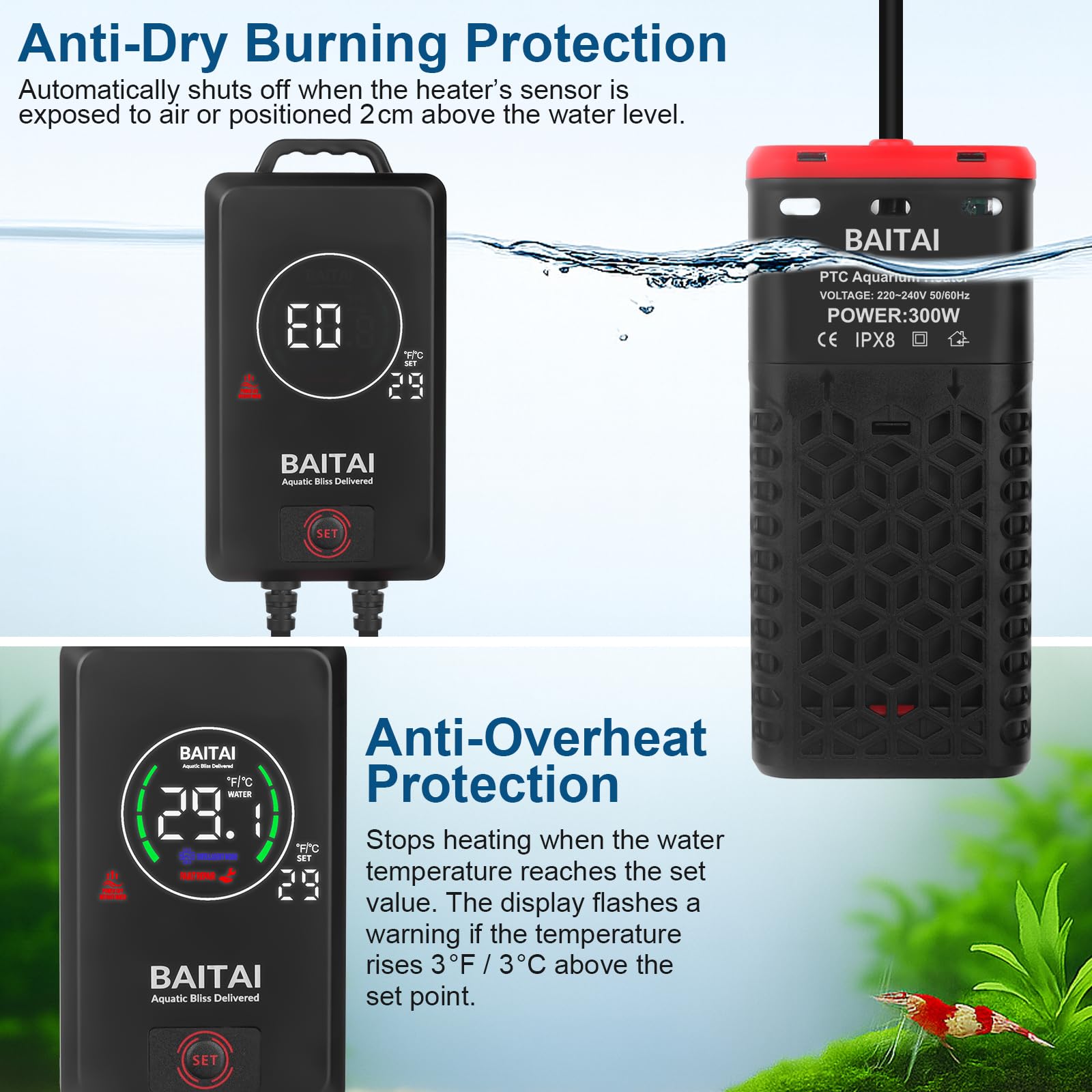 BAITAI 300W Aquarium Heater, PTC Submersible Fish Tank Heater with External LED Thermostat Controller - Image 2