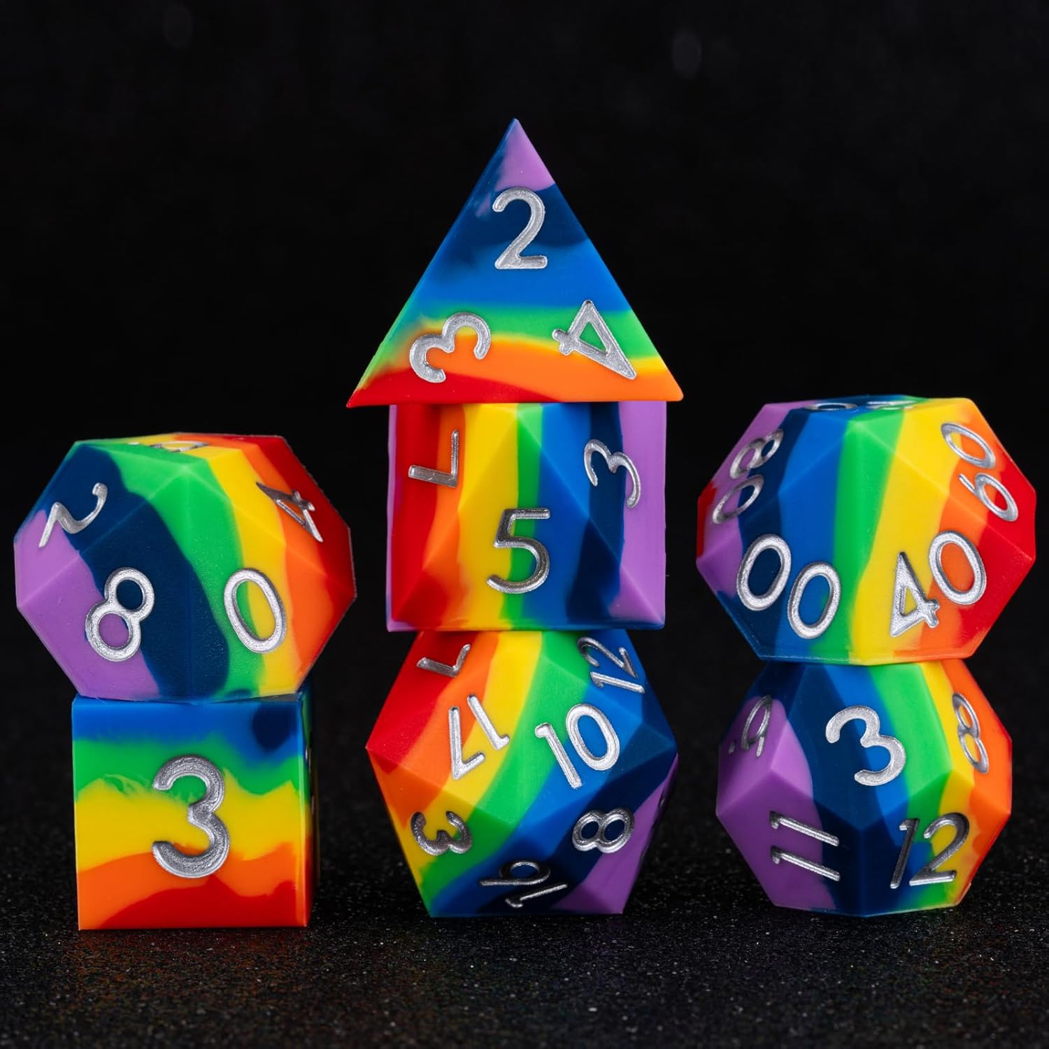 Sharp Edge Silicone Rubber Poly DND Dice Set D&D Polyhedral Dice 7pcs (D4, D6, D8, D10, D12, D20, D%) for Dungeons and Dragons, RPG, MTG for Ages 15 and Up