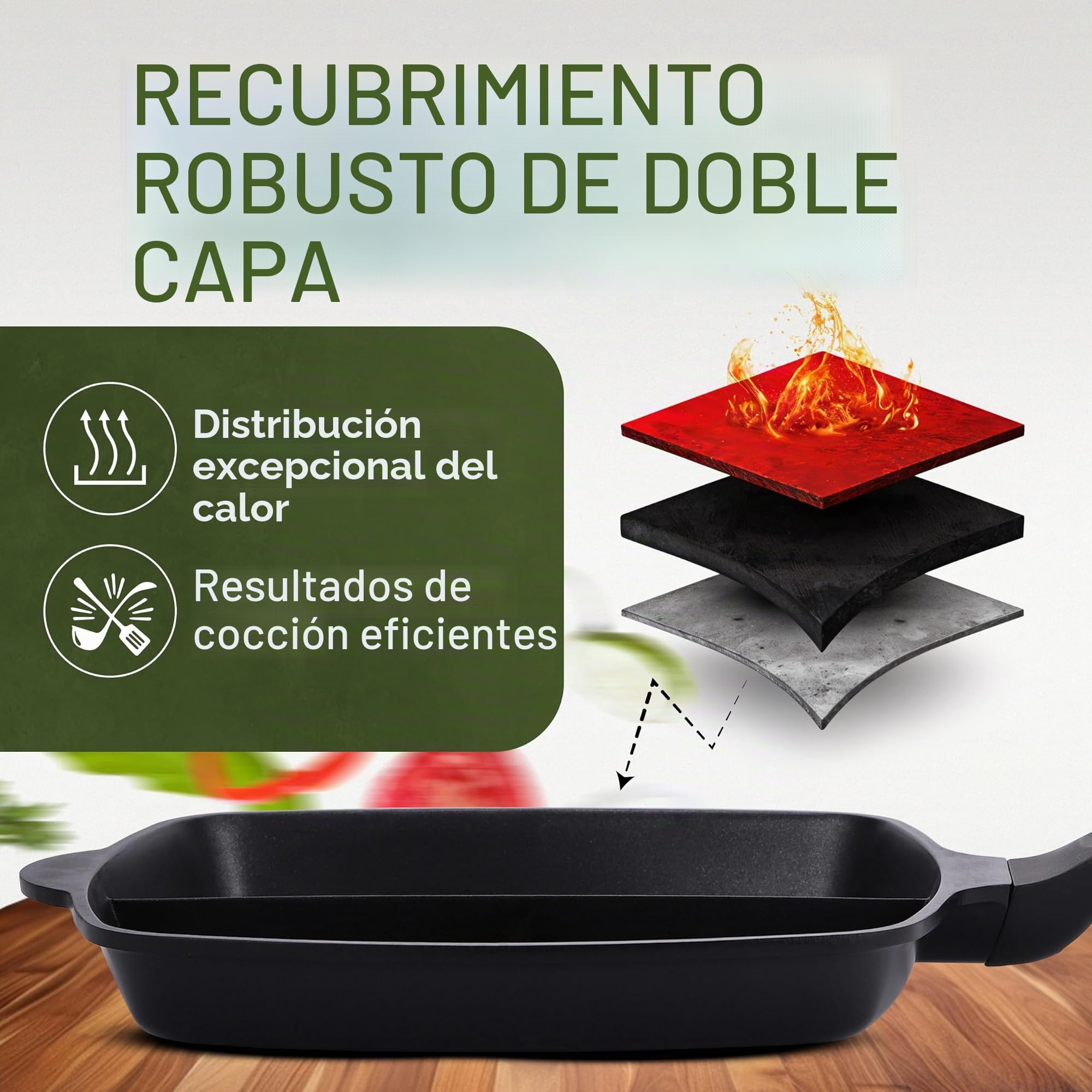 Parrilla de 28 cm de larga duración con revestimiento de doble capa, color negro