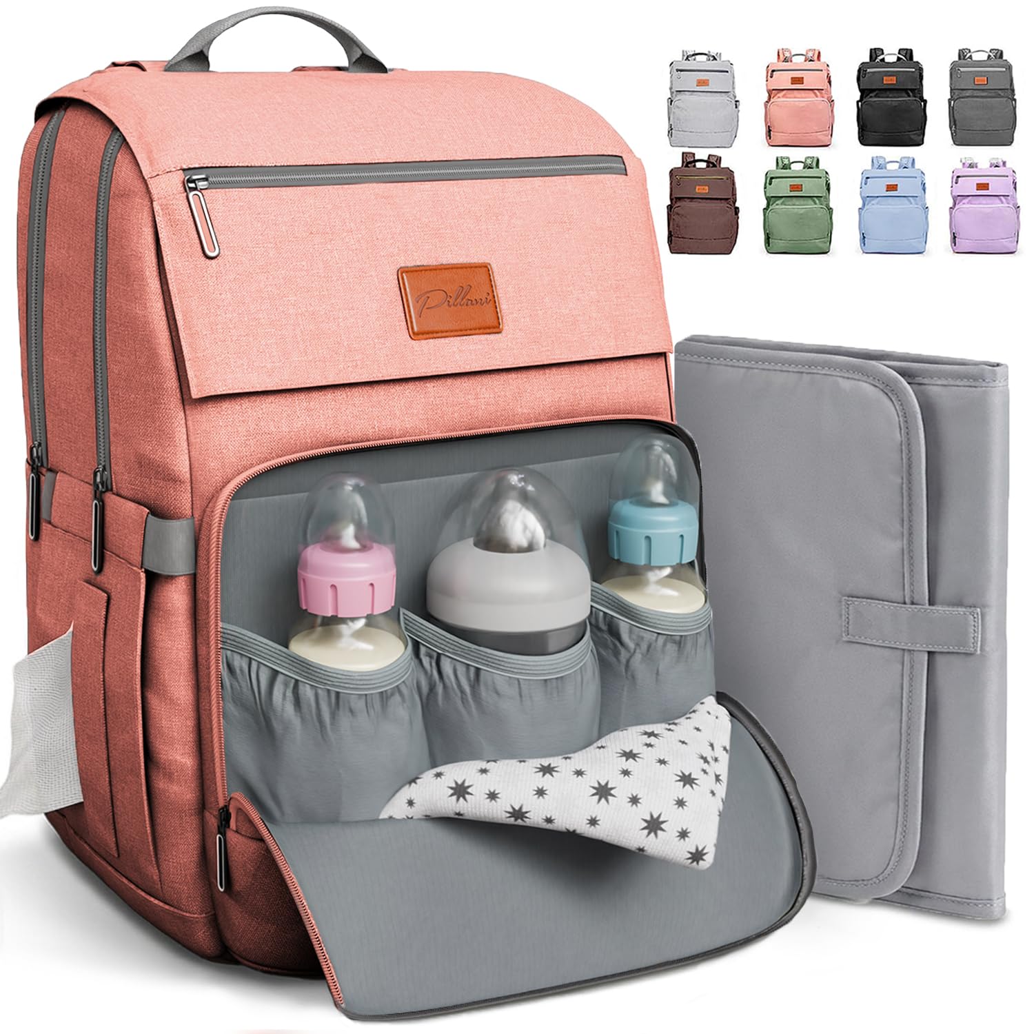 PILLANI Baby Diaper Bag Backpack - Large Diaper Bag for Girls - Diaper Backpack - Travel Diaper Bags w/Changing Pad, Baby Registry Search & Shower Gifts - Essentials Must Haves Newborn Stuff for Mom