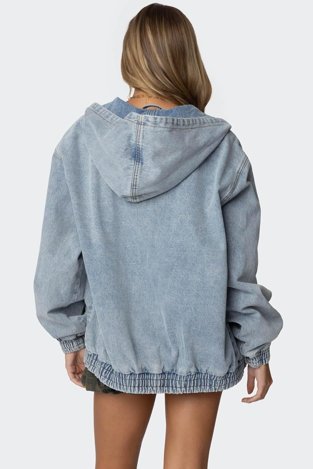 Women's Oversized Fit Hooded Vintage Washed Denim Bomber Jacket with Front Zip Closure - Image 2