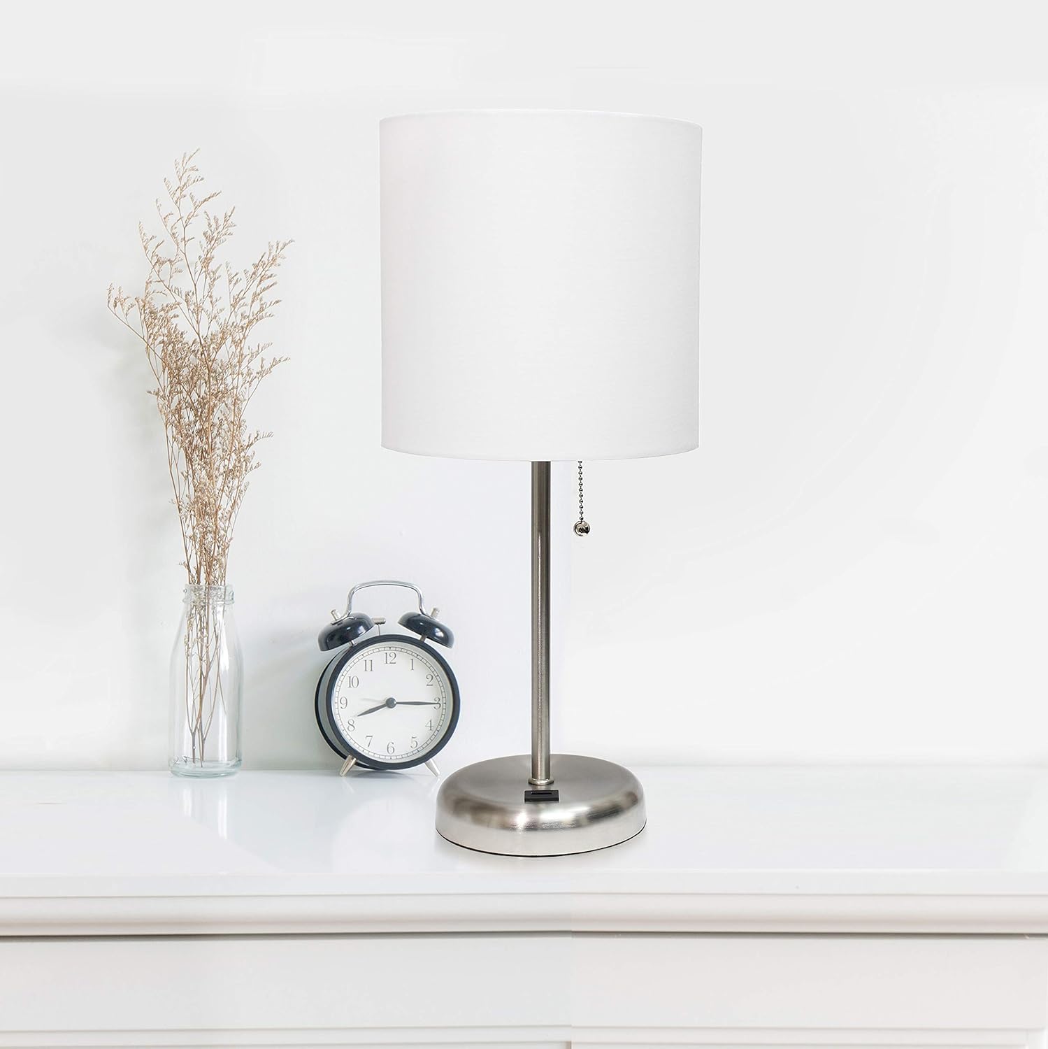 70% оƒƒ Evеrуthіng Limelights LT2044-WHT Stick USB Charging Port and Fabric Shade Table Lamp, Brushed Steel/White