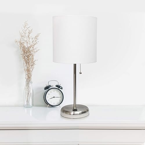 Miniatura 9 de LimeLights LT2044-WHT - Lámpara de barra de acero cepillado con puerto de carga USB y pantalla de tambor de tela, color blanco (paquete de 2)