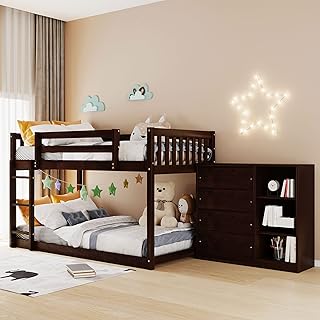 Twin Over Twin Bunk Beds with Storage, Wooden Twin Floor Bunk Beds with 4 Drawers and 3 Shelves, Low Bunk Bed Frame, Twin Loft Bed for Kids, Girls Boys, Teens, Adults (Espresso)