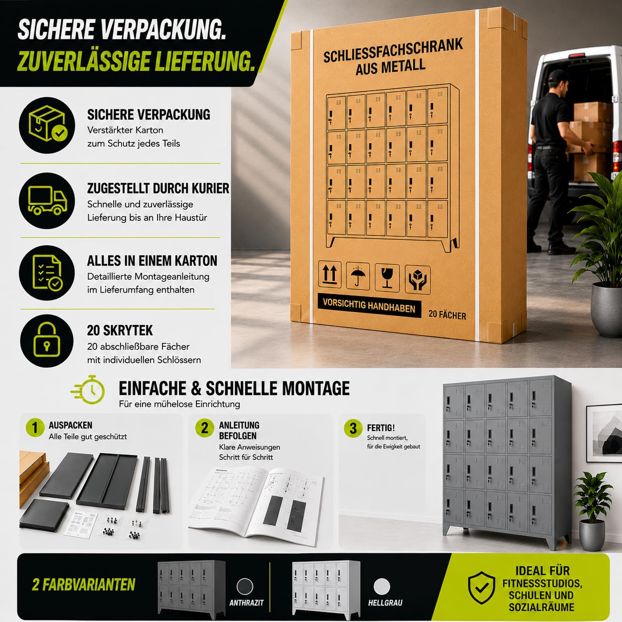 Muralo Schließfachschrank mit 20 Fächern, Metall, Abschließbar - Grau | Umkleideschrank 172x136x45 cm, Sicherheitszylinderschloss, Lüftungsschlitze, Etikettenhalterung - für Schule, Fitnessstudio