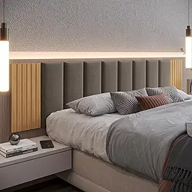 Kit Cabeceira Cama Box Casal Estofada Com Ripado Mdf Freijó (Marrom/Freijó, Casal)