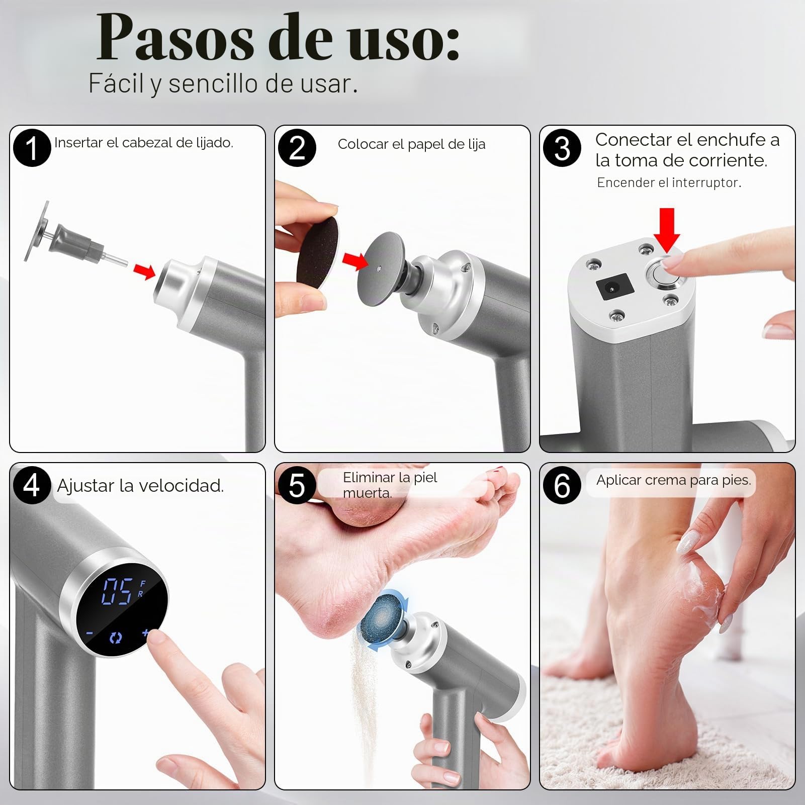 Eliminador de callos eléctrico 4500rpm Velocidad Ajustable Profesional Removedor de callos Eléctrico Eliminar Callos Pedicura Lima Eléctrica Pies, Gris FCR-3