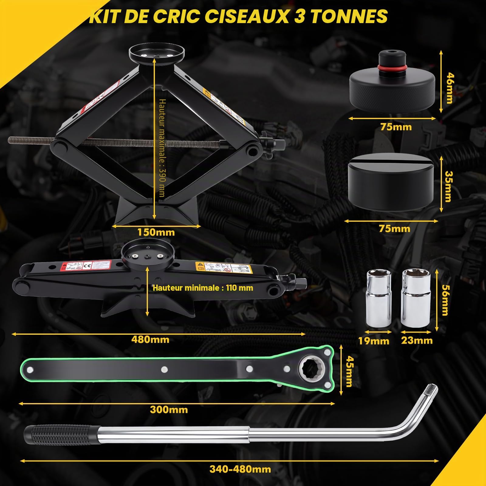 KAOLALI Cric Voiture 3T/3000kg, Universel Crique Voiture pour SUV MPV Tesla | 2 Tampon Caoutchouc, Portable Cric De Levage avec Clé pour Écrous De Roue, Kit Urgence Automobile pour SUV MPV Tesla 3/Y/X/S