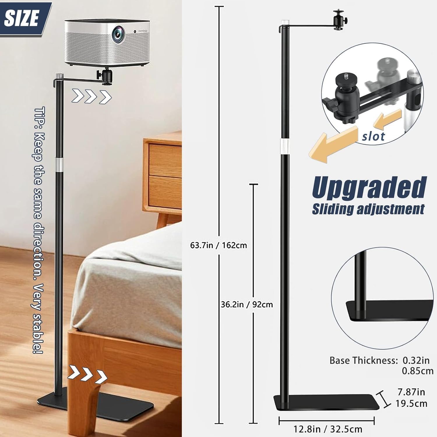 2-Be-Best Projector Stand - Compatible with Nebula, XGIMI, Halo & More - Adjustable Height 36-63in / 92-162cm - Black Floor Stand