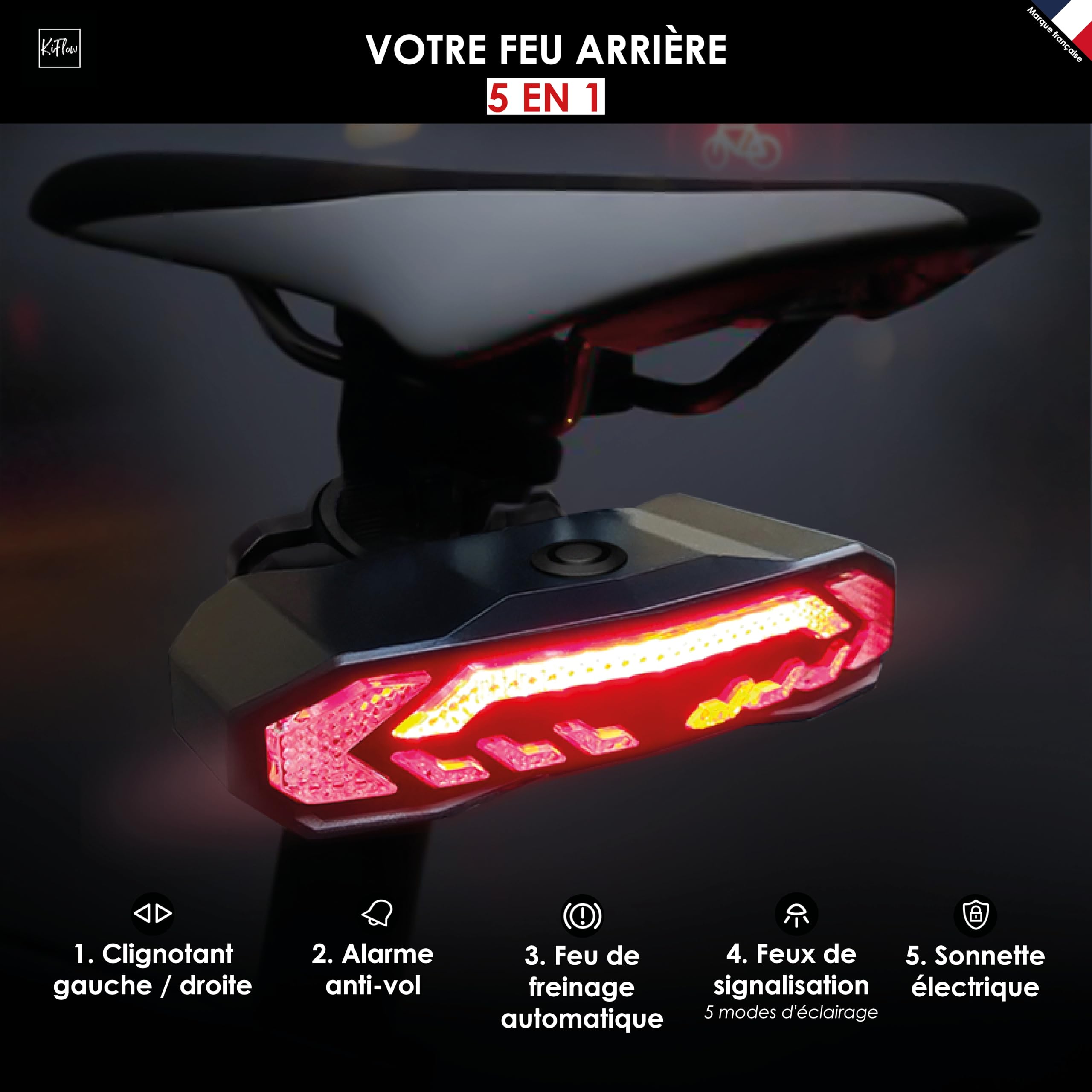 KIFLOW Clignotant Vélo Feu Arrière Alarme