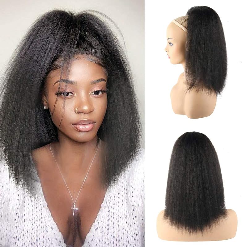 Extensión de cola de caballo LEOSA de 14 pulgadas con cordón para coletas para mujeres negras, extensiones de cabello corto natural negro Yaki recto con cordón (14 pulgadas (paquete de 1), 1B#)