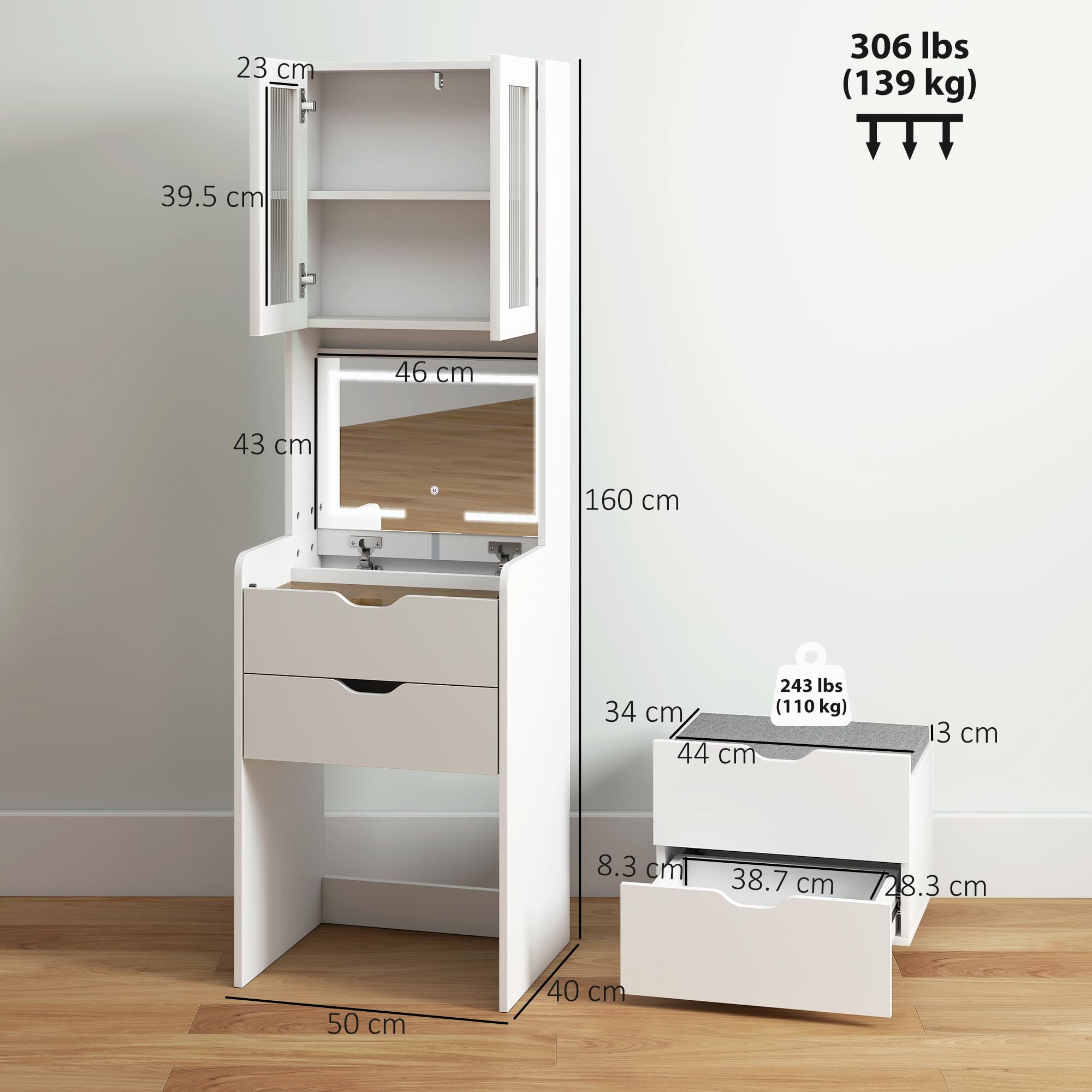 HOMCOM Postazione Trucco con Luci LED a 3 Colori, Specchio a Ribalta, Toeletta Trucco Moderna con Sgabello Imbottito a Scomparsa, 3 Cassetti, Armadietto con Ante in Vetro, Scomparto, Bianco