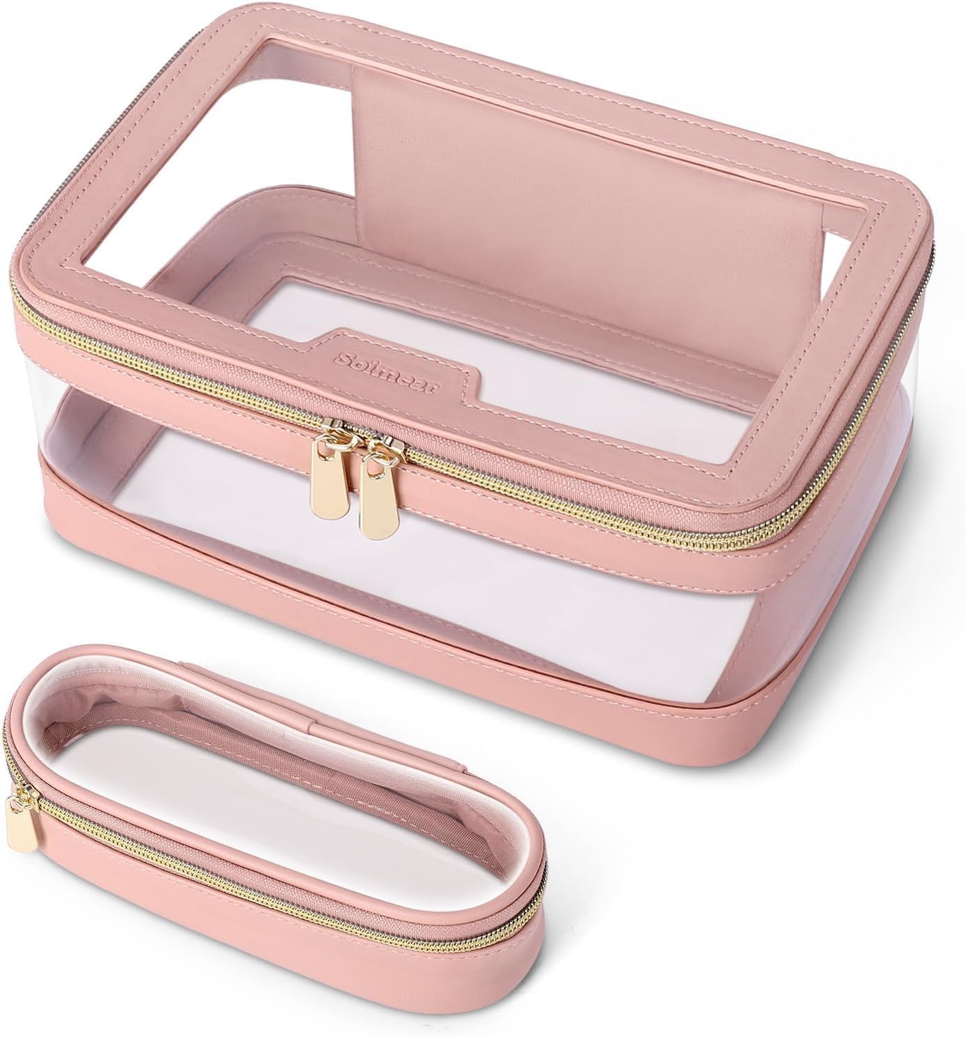 YelaJoy Travel Clear Makeup Bag with Makeup Brush Bag | Leather Cosmetic & Toiletry Case, Portable Waterproof Organizer for Women