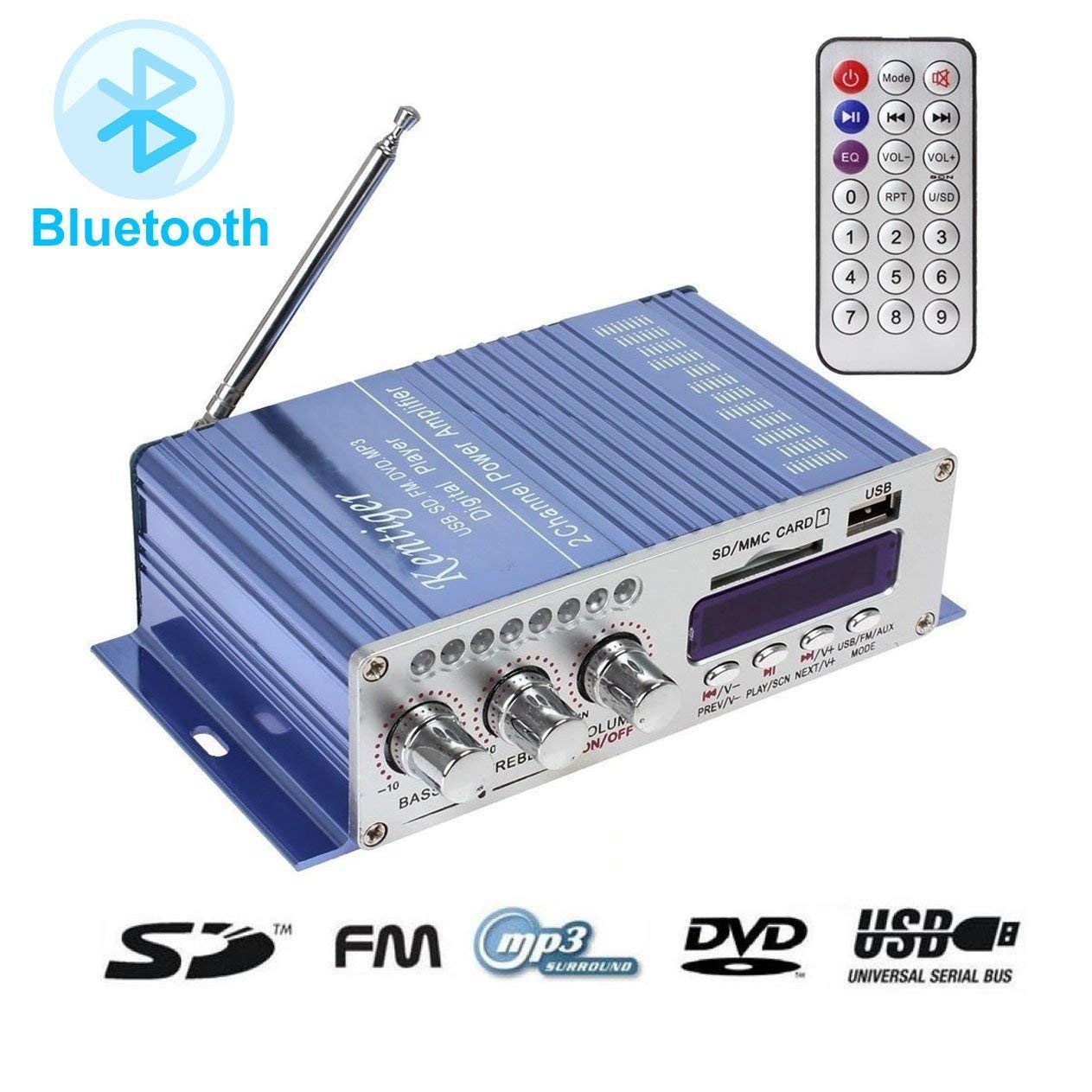 DollaTek 12V Mini 2-Canales Hi-Fi Amplificador de Audio estéreo Digital USB SD DVD FM Audio Estéreo Radio Altavoz MP3 Coche Bluetooth Pantalla Reproductor para Coche/Barco/Motocicleta - Azul