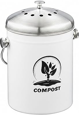 Relaxdays Komposteimer Küche, 5 l, Kleiner Mülleimer, Deckel und Geruchsfilter, Abfalleimer Biomüll, Metall, weiß