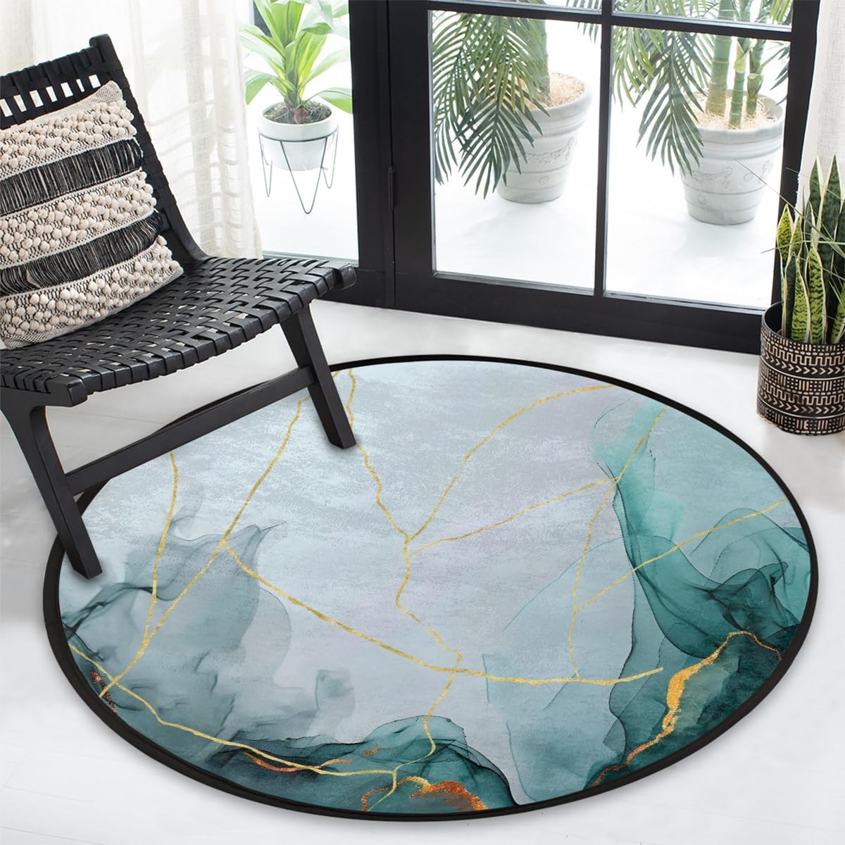 Round Rug 3ft Teal Marble Indoor Circle Area Circle Rugs Washable Non-Slip Bedside Indoor Doormat for Living Room Bedroom Playroom Nursery Room Decor Carpet Mat Splat Mat for High Chair