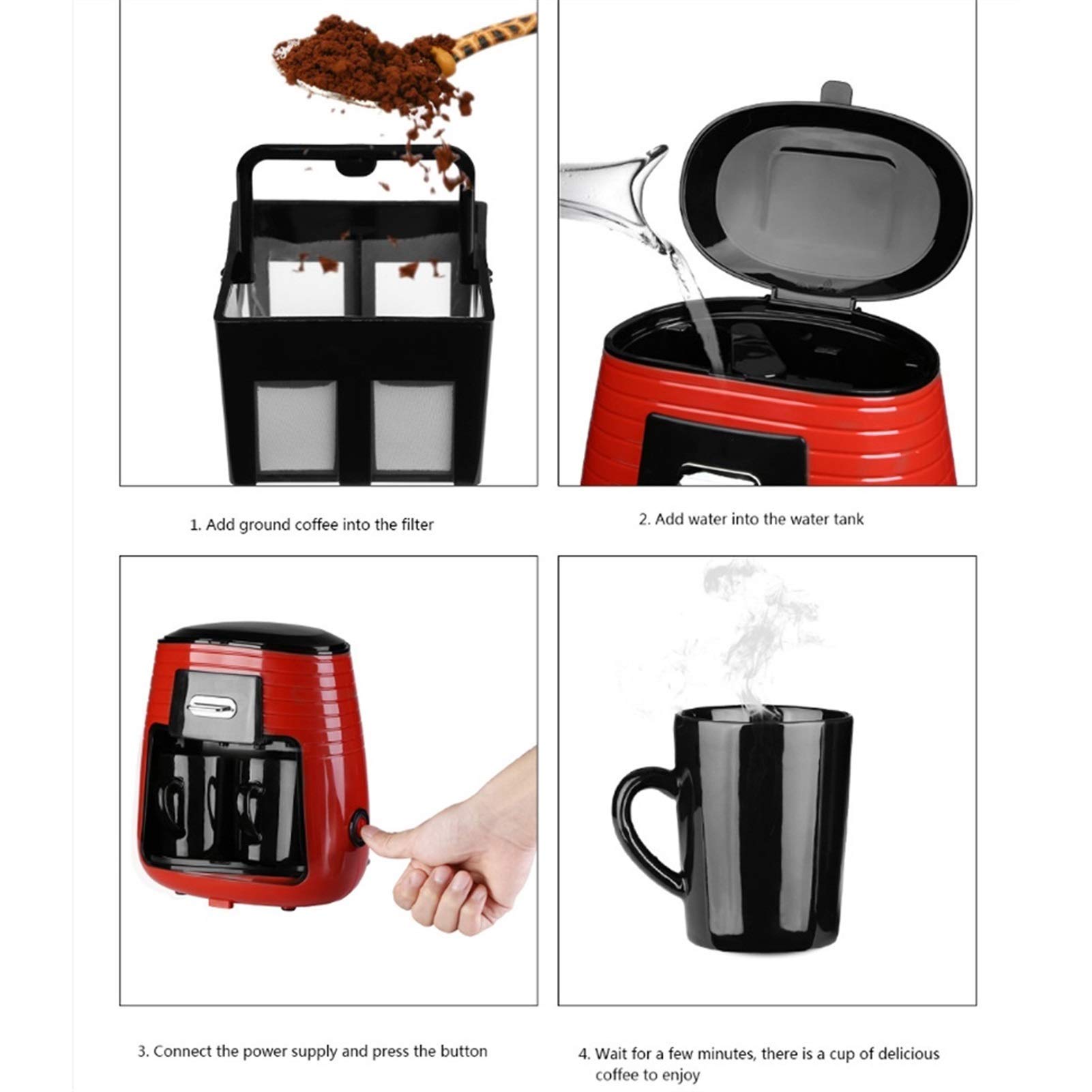 CUNTO Caffettiera Macchina da caffè da 0,25 litri per l'home office Caffettiera elettrica con segno del livello dell'acqua Tazze in ceramica Macchina da caffè con filtro rimovibile
