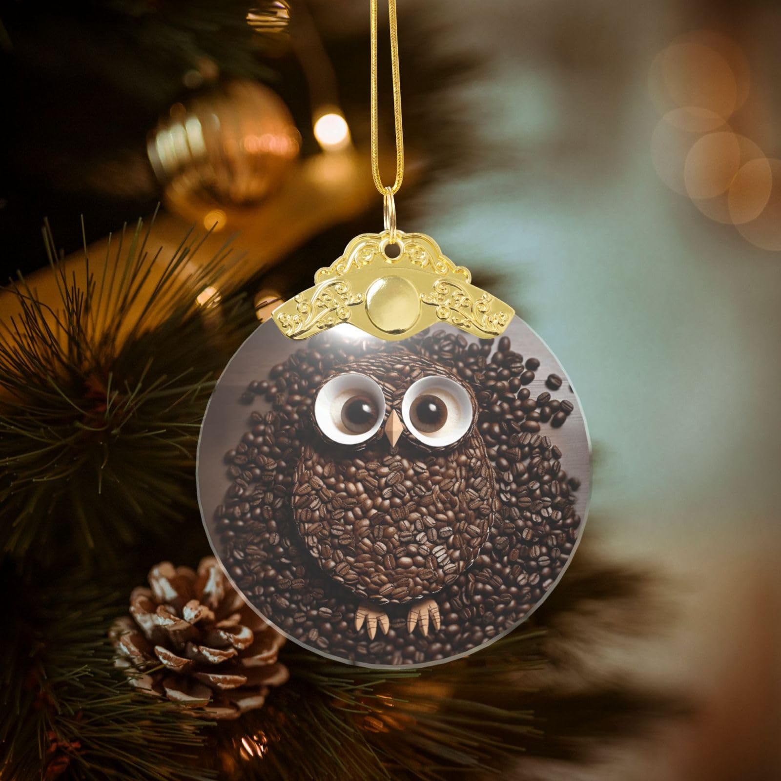 Crystal Christmas Ornaments for Christmas Tree Decoration Hanging Coffee Bean owl Ornament with Gold Ribbon Crafts Round Pendant for Keepsake Gifts Glass Xmas Decor Party Supplies