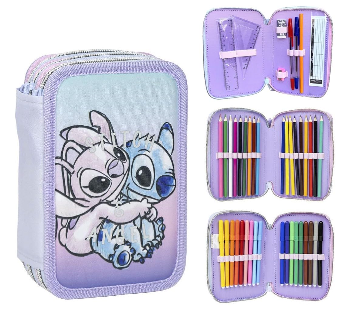 Astuccio multiscomparto Stitch e Angel Disney astuccio 3 zip per la scuola completo 44 pezzi penne matite colori pennarelli
