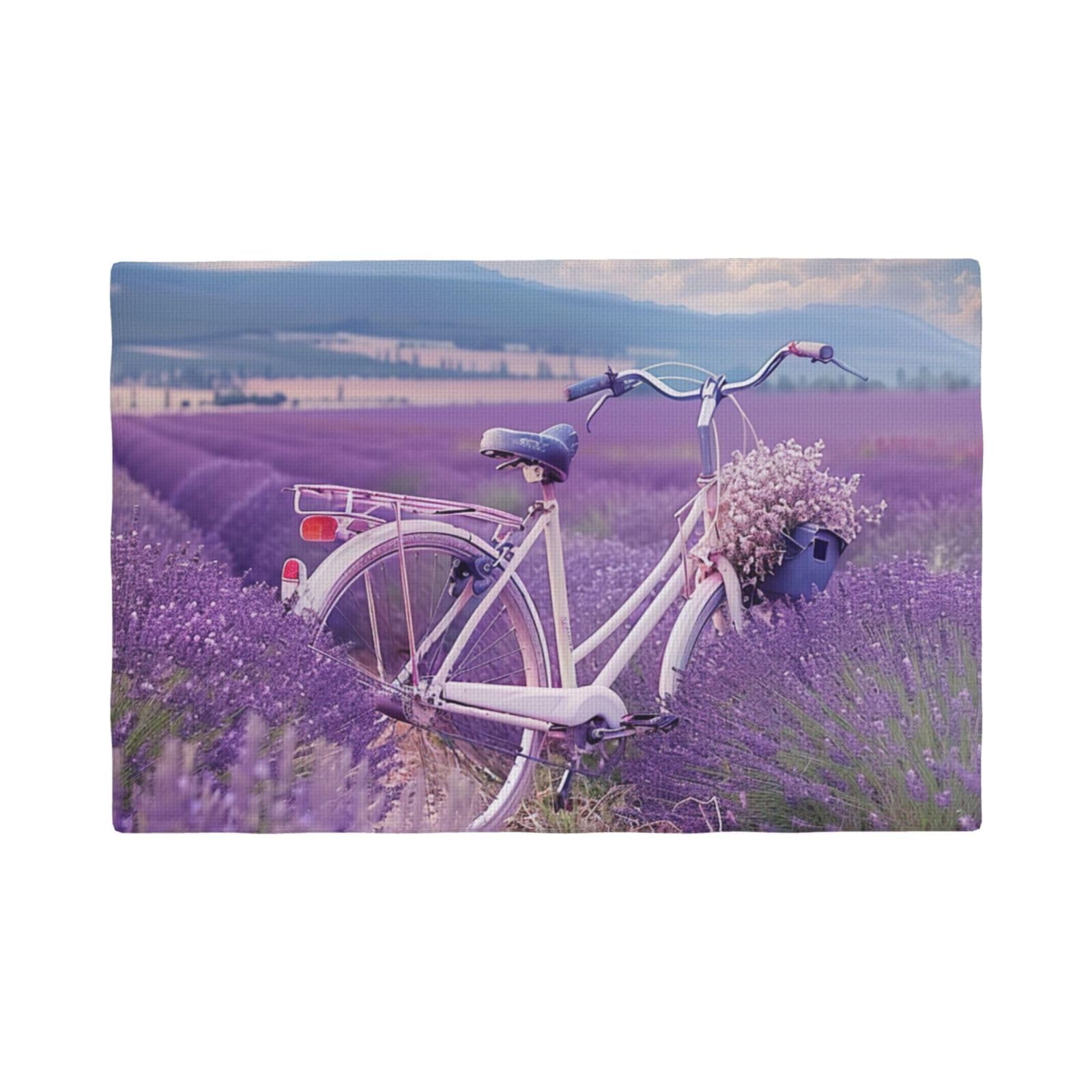 Lavender Field Retro Bike Agriculture Print Placemats Set, Heat Resistant Washable Placemat 12x18in Table Mats for Party Kitchen Dining Table Decoration Indoor Outdoor, Six Piece