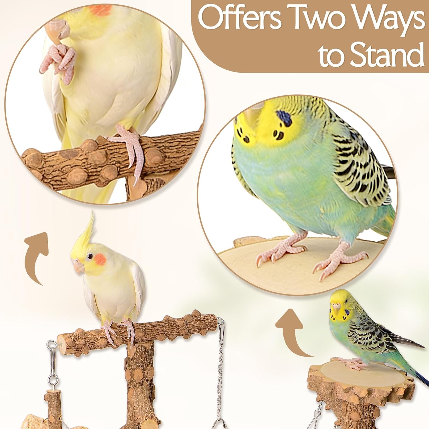 Natural Wood Bird Perch Stand, Multi-Layer Parrot Playground Gym with Feeding Cups and Toys, Real Branch Activity Center for Cockatiels, Parakeets, Conures, Budgies, Tabletop and Cage Top Use