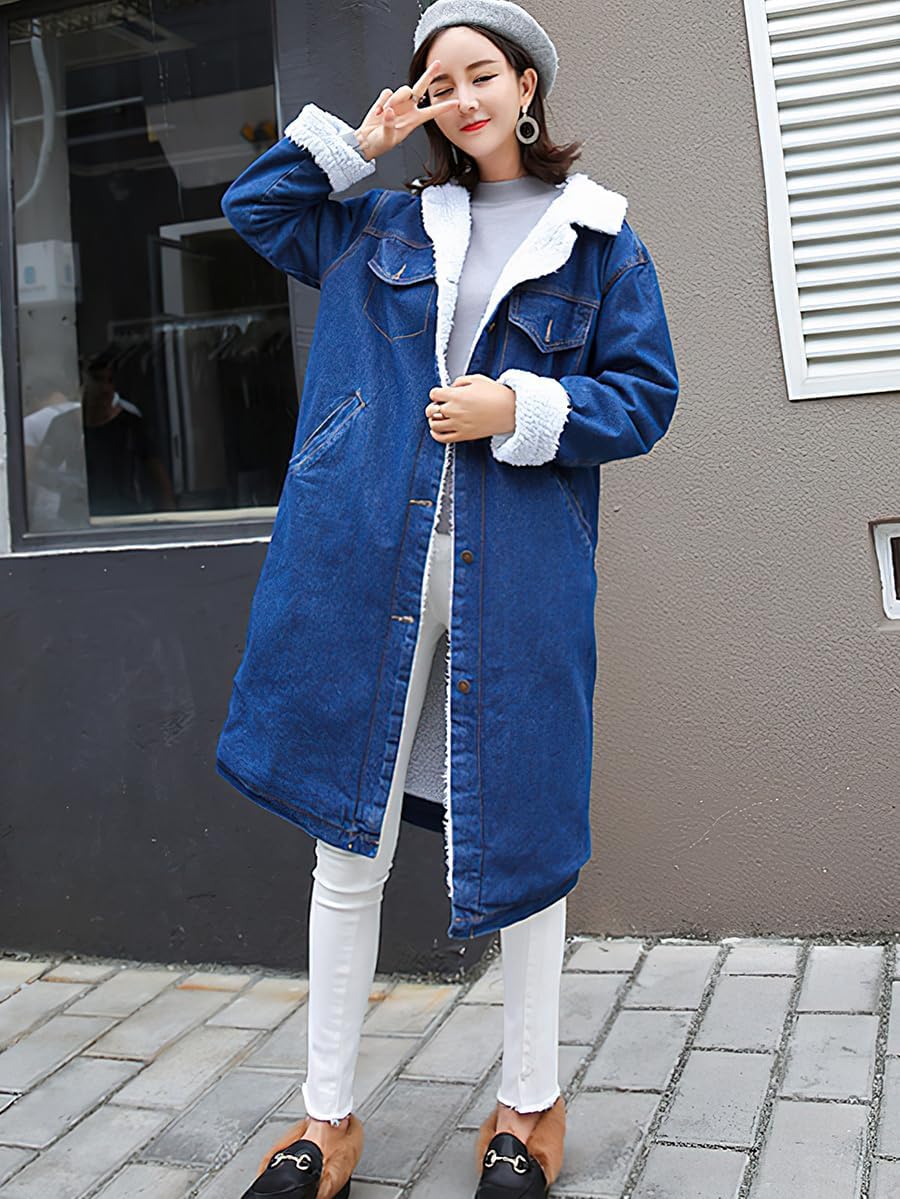 ebossy Women's Sherpa Lined Long Denim Jacket with Removable Faux Fur Collar - Image 4